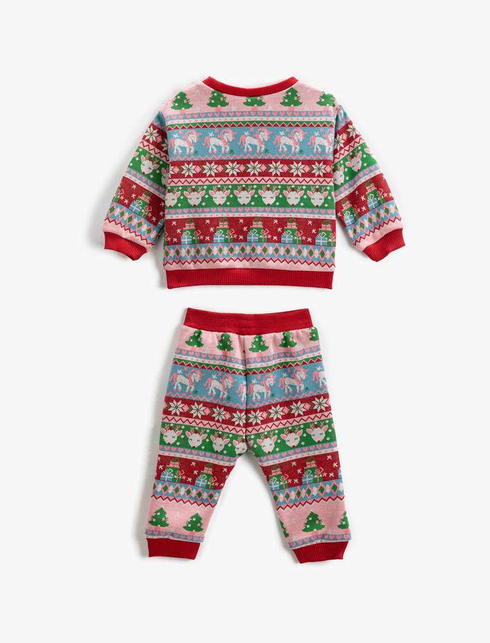 Kız Bebek Eşofman Takımı Unicorn ve Geyik Baskılı Sweatshirt ve Beli Lastikli Eşofman Altı 2 Parça