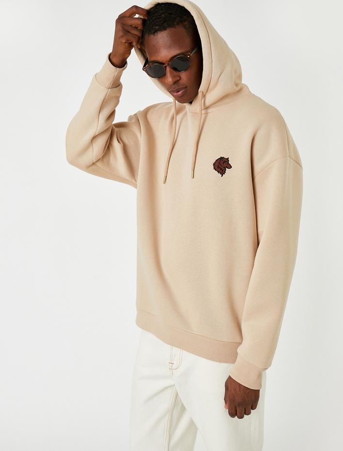  Kapşonlu Oversize Sweatshirt İşlemeli Şardonlu