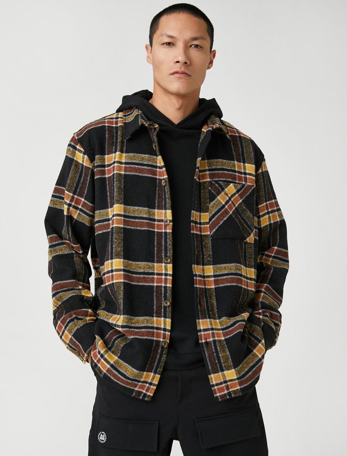  Ekoseli Oduncu Gömleği Klasik Manşet Yaka Uzun Kollu Cepli