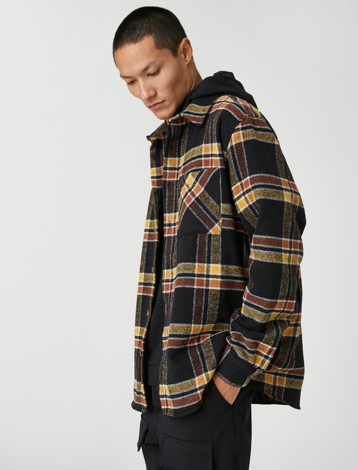  Ekoseli Oduncu Gömleği Klasik Manşet Yaka Uzun Kollu Cepli