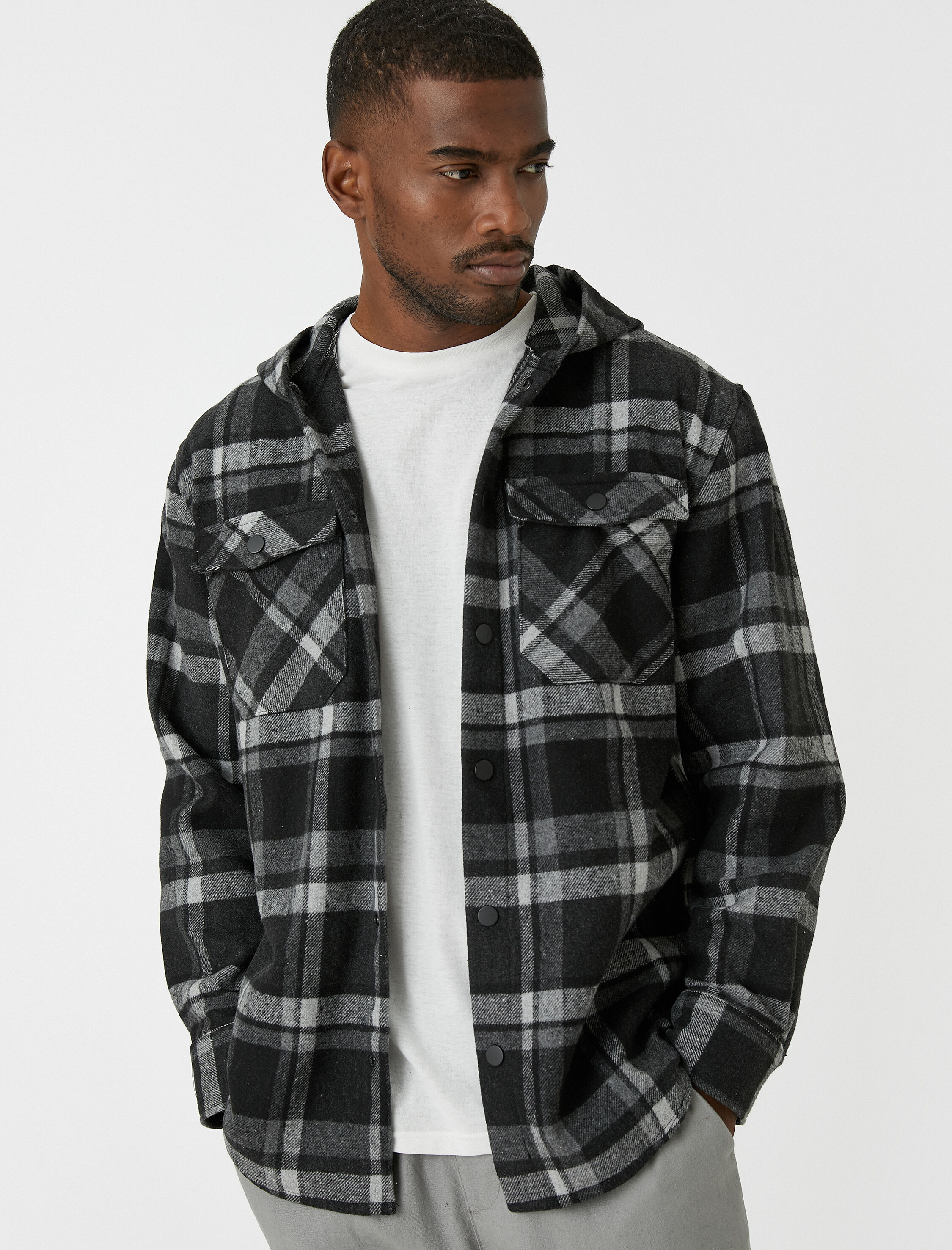   Ekoseli Oduncu Gömleği Kapşonlu Cep Detaylı