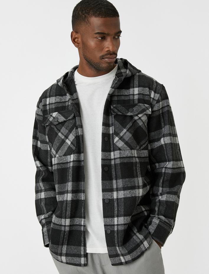  Ekoseli Oduncu Gömleği Kapşonlu Cep Detaylı