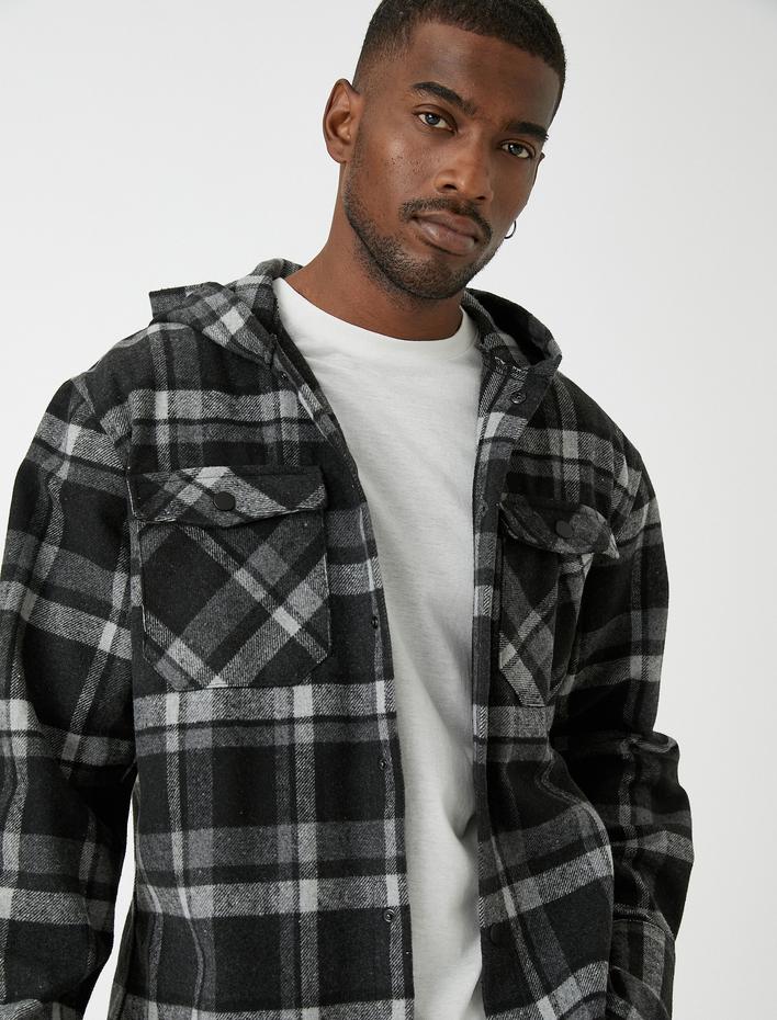  Ekoseli Oduncu Gömleği Kapşonlu Cep Detaylı