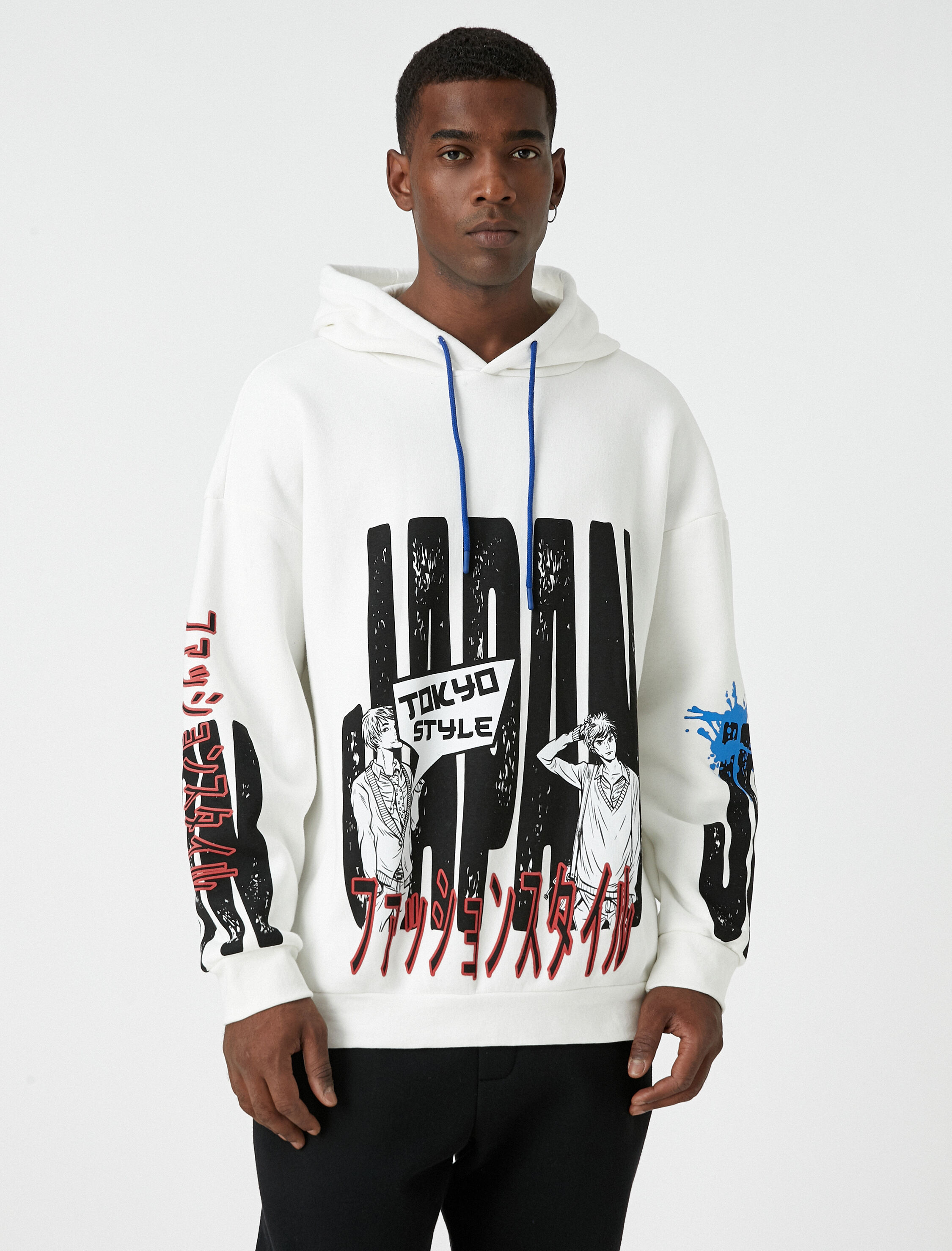   Kapşonlu Oversize Sweatshirt Uzakdoğu Baskılı Şardonlu