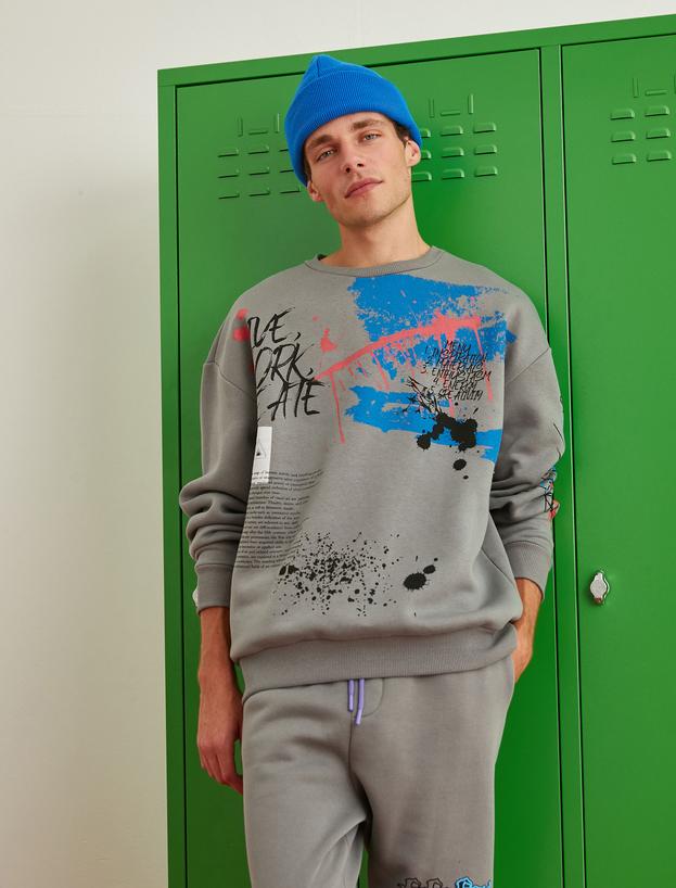  Oversize Sweatshirt Slogan Baskılı Şardonlu Bisiklet Yaka