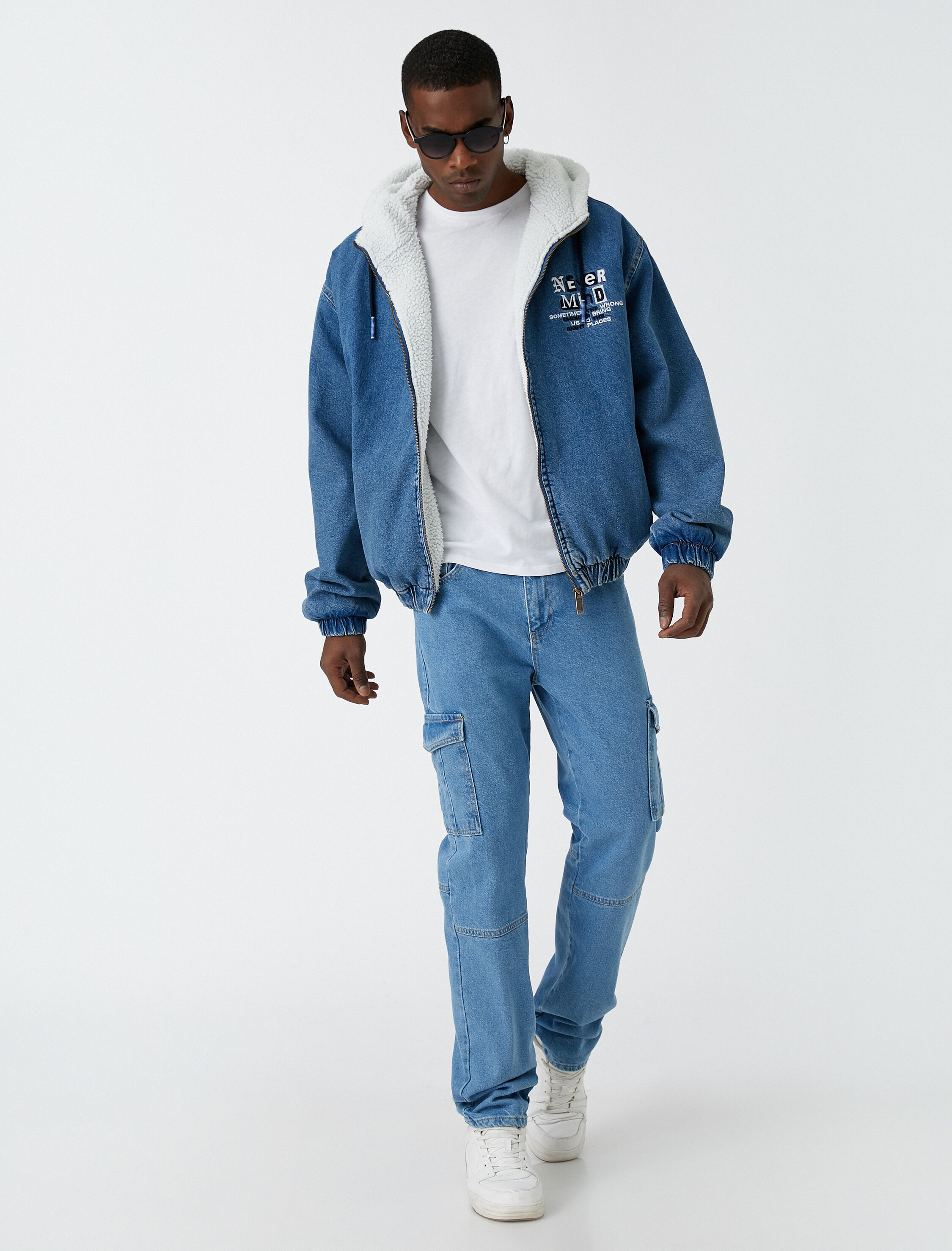   Kapşonlu Kot Ceket Slogan Baskılı