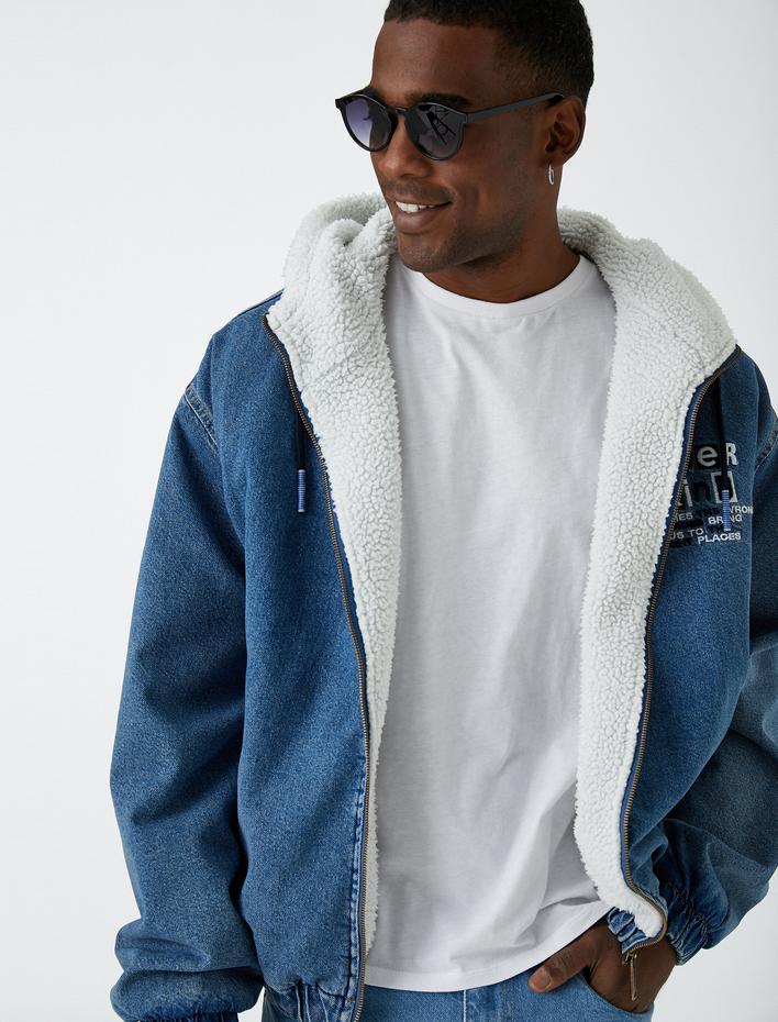  Kapşonlu Kot Ceket Slogan Baskılı