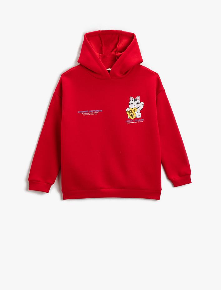 Kız Çocuk Kapşonlu Sweatshirt Arkası Kedi Baskılı Uzun Kollu