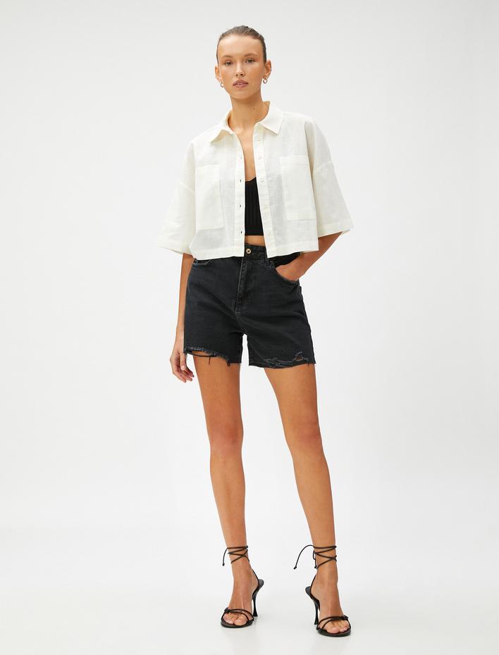  Keten Karışımlı Crop Oversize Gömlek