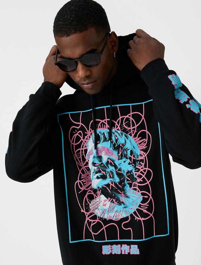 Uzakdoğu Baskılı Oversize Sweatshirt Şardonlu Kapşonlu