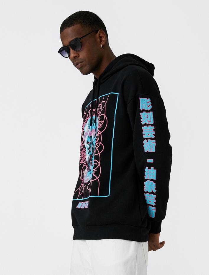  Uzakdoğu Baskılı Oversize Sweatshirt Şardonlu Kapşonlu