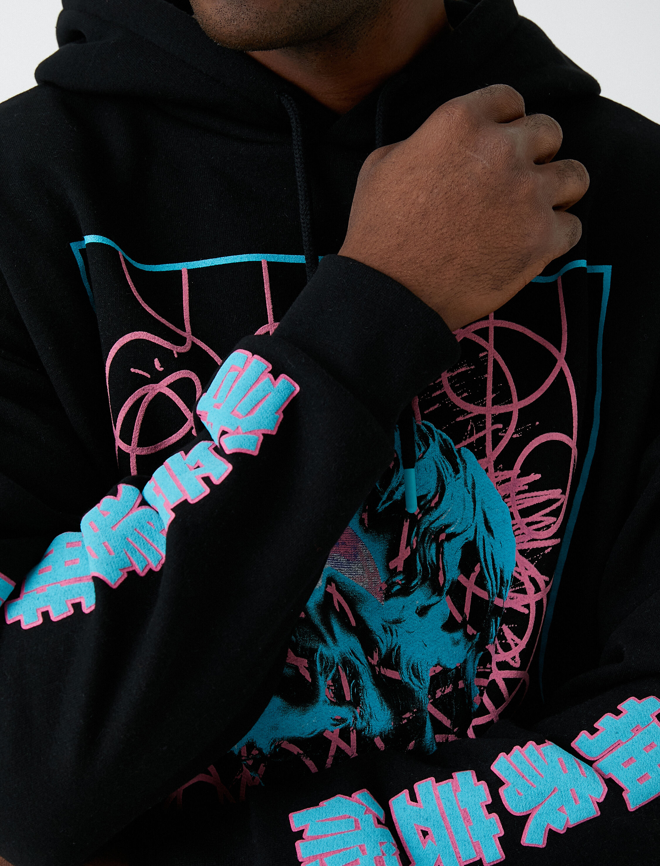   Uzakdoğu Baskılı Oversize Sweatshirt Şardonlu Kapşonlu