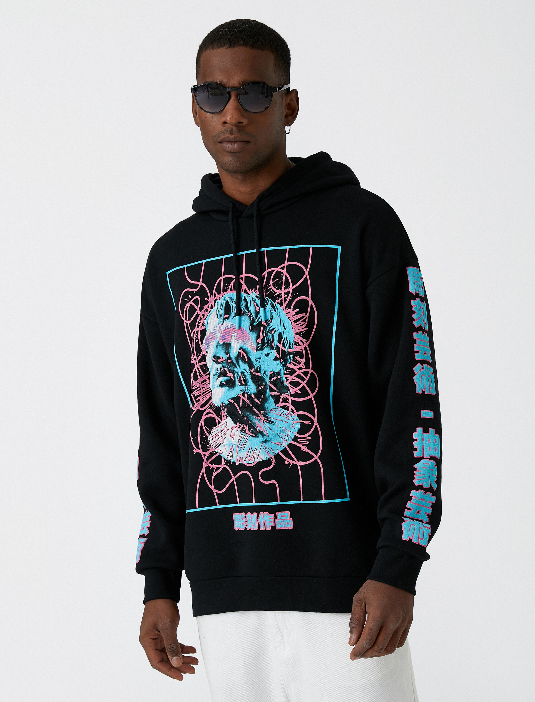   Uzakdoğu Baskılı Oversize Sweatshirt Şardonlu Kapşonlu