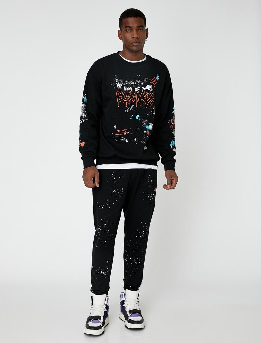   Grafiti Baskılı Oversize Sweatshirt Şardonlu Bisiklet Yaka