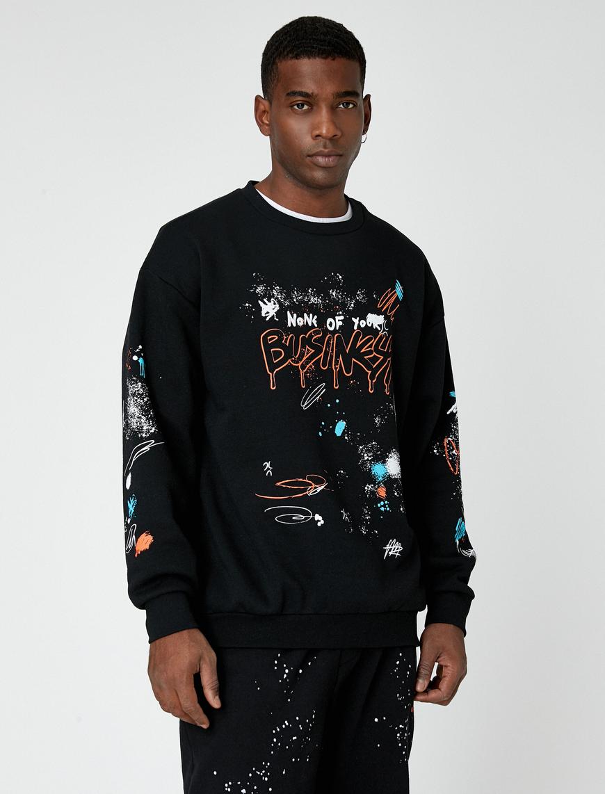   Grafiti Baskılı Oversize Sweatshirt Şardonlu Bisiklet Yaka