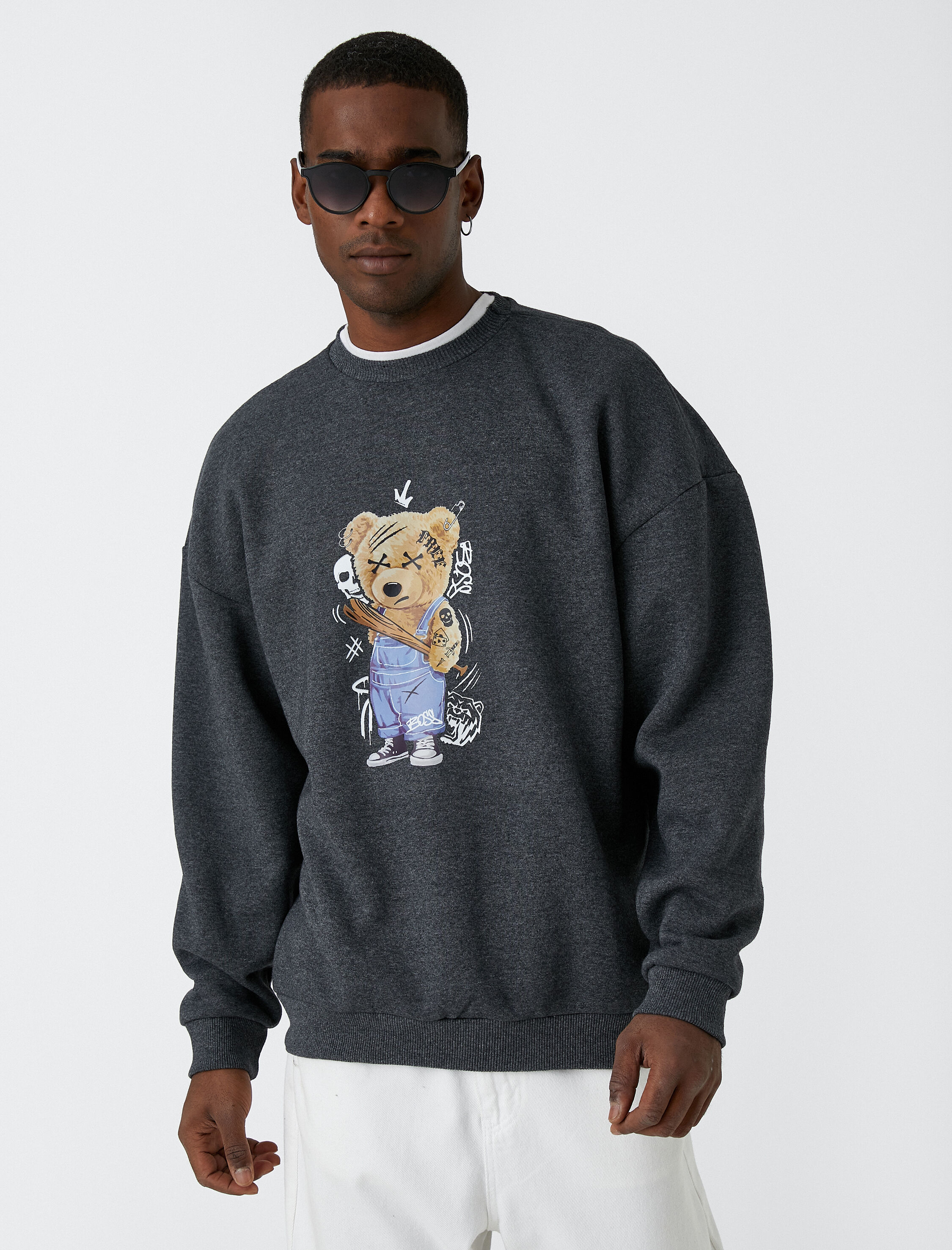   Ayı Baskılı Sweatshirt Şardonlu Bisiklet Yaka