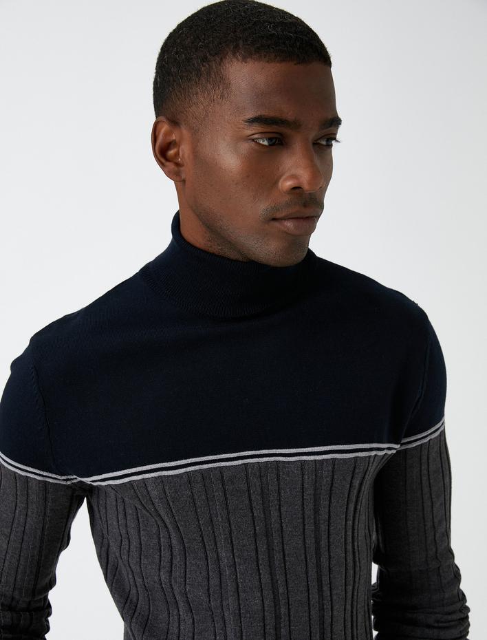  Balıkçı Yaka Triko Kazak Renk Bloklu