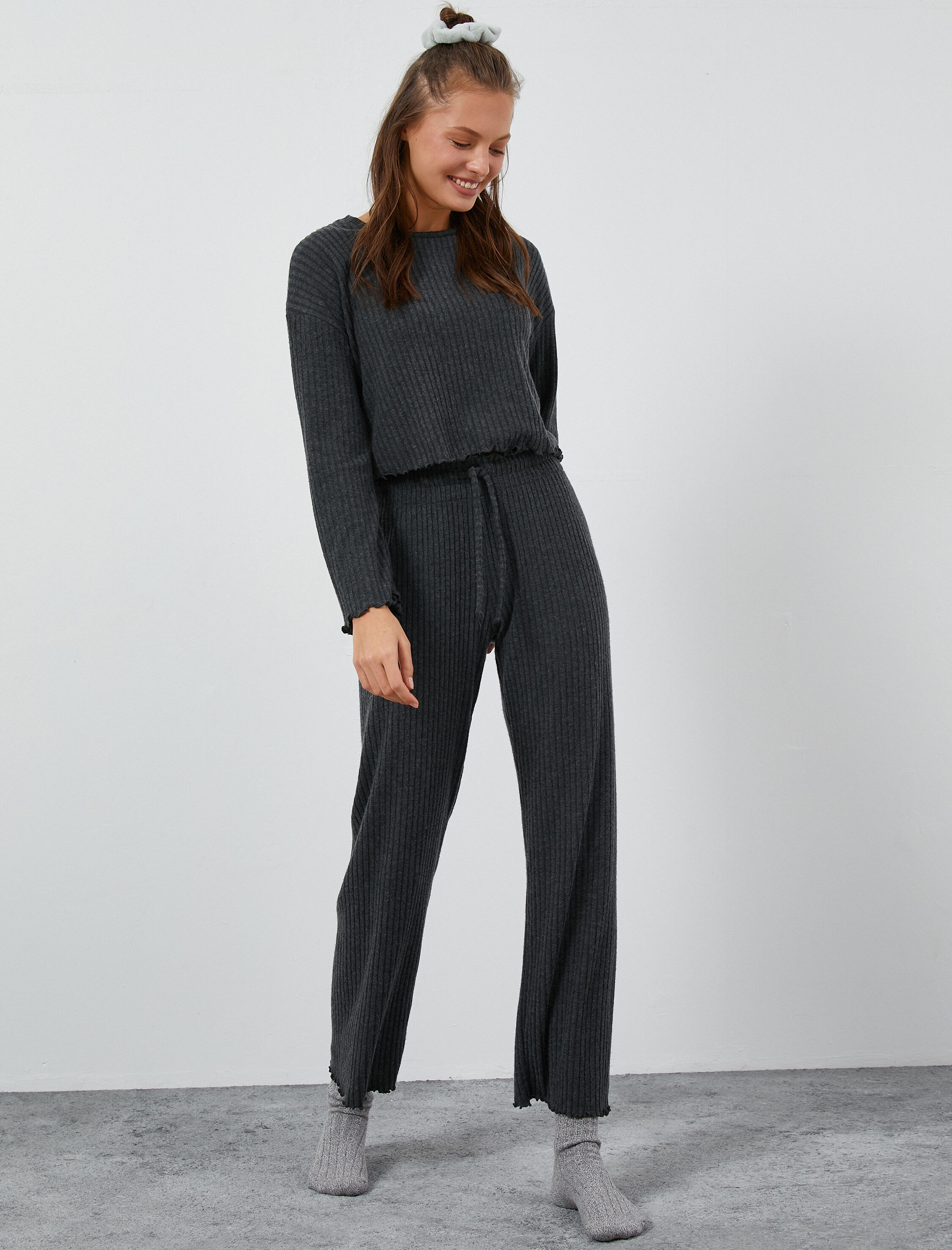   Düz Paça Pijama Altı Beli Lastikli