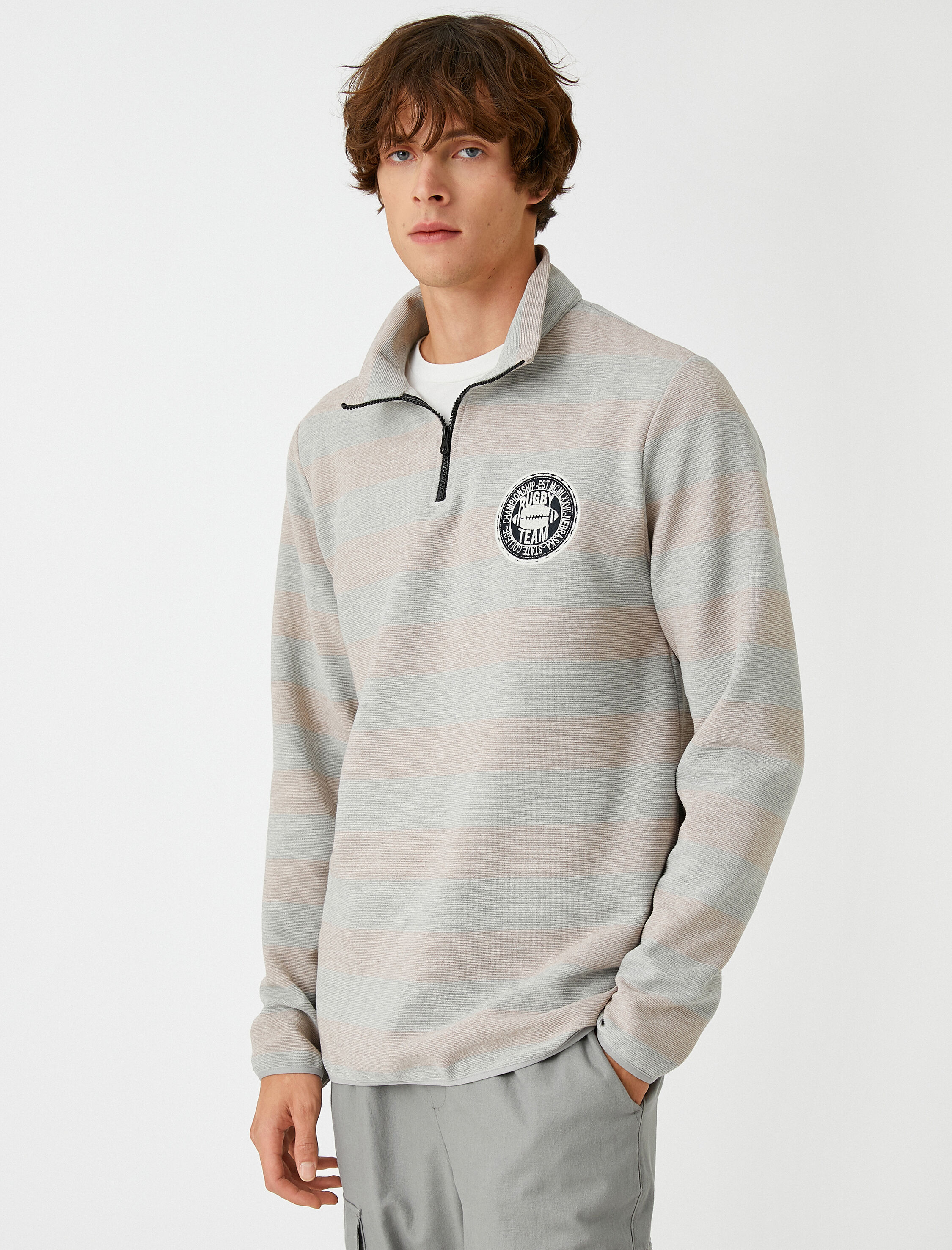   Kolej Sweatshirt Şardonlu Dik Yaka Fermuar Detaylı Renk Bloklu