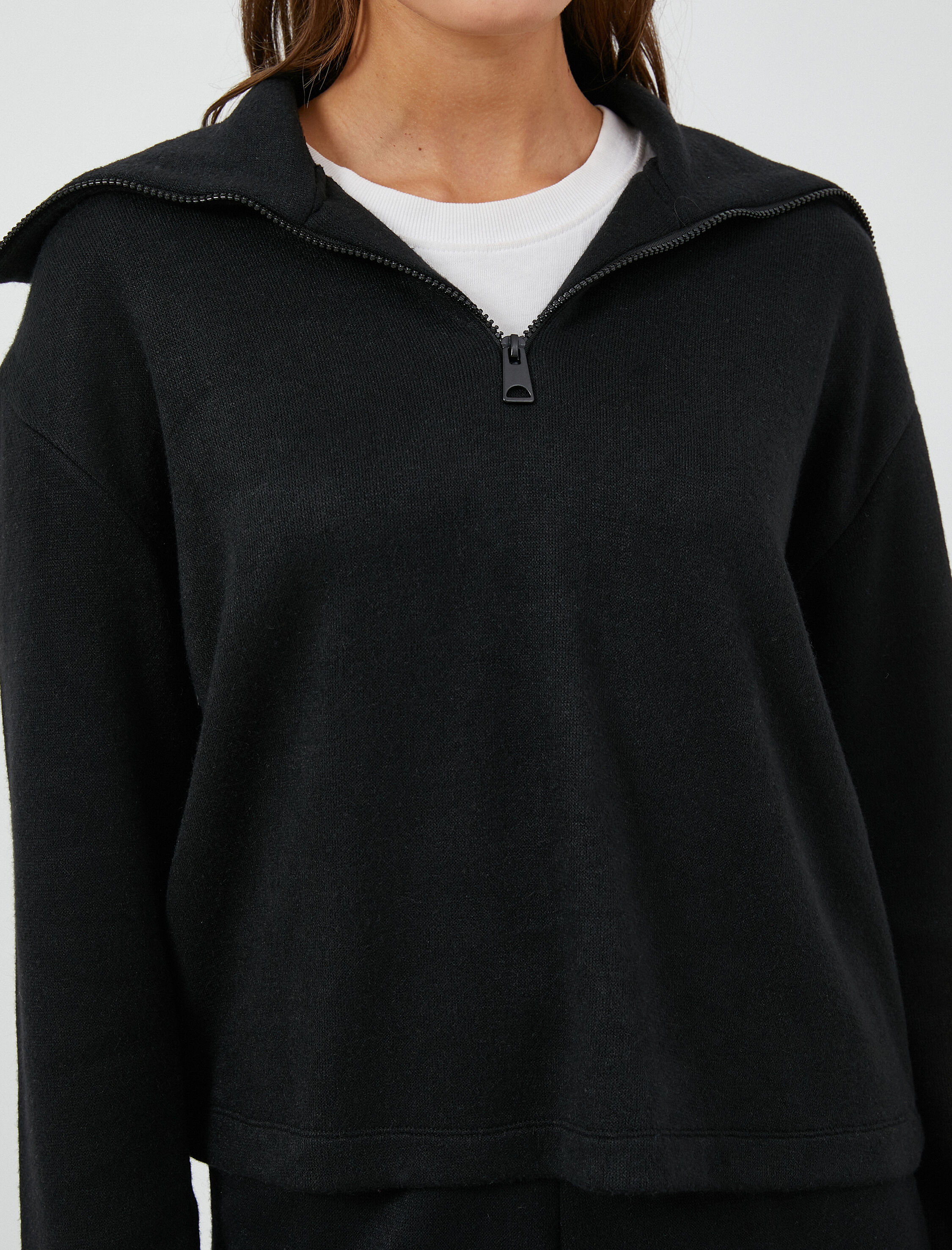 Dik Yaka Pijama Üstü Fermuarlı Uzun Kollu