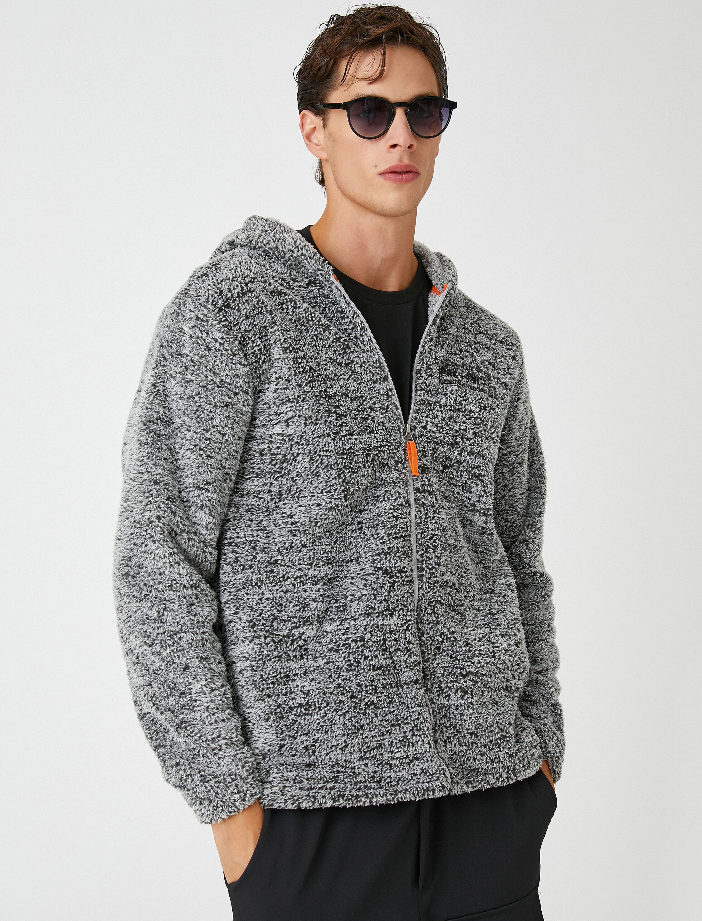   Peluş Kapşonlu Sweatshirt Fermuarlı Slogan İşlemeli