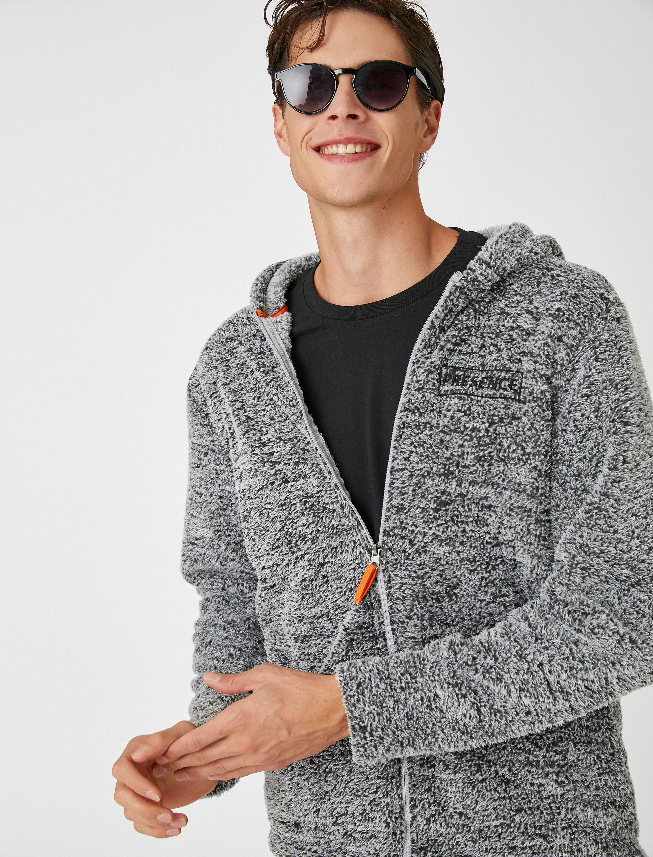   Peluş Kapşonlu Sweatshirt Fermuarlı Slogan İşlemeli