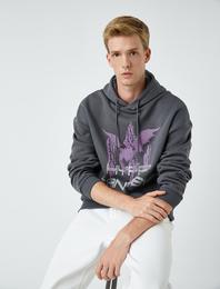 Kapşonlu Oversize Sweatshirt Şardonlu Kelebek Baskılı Yarasa Kollu