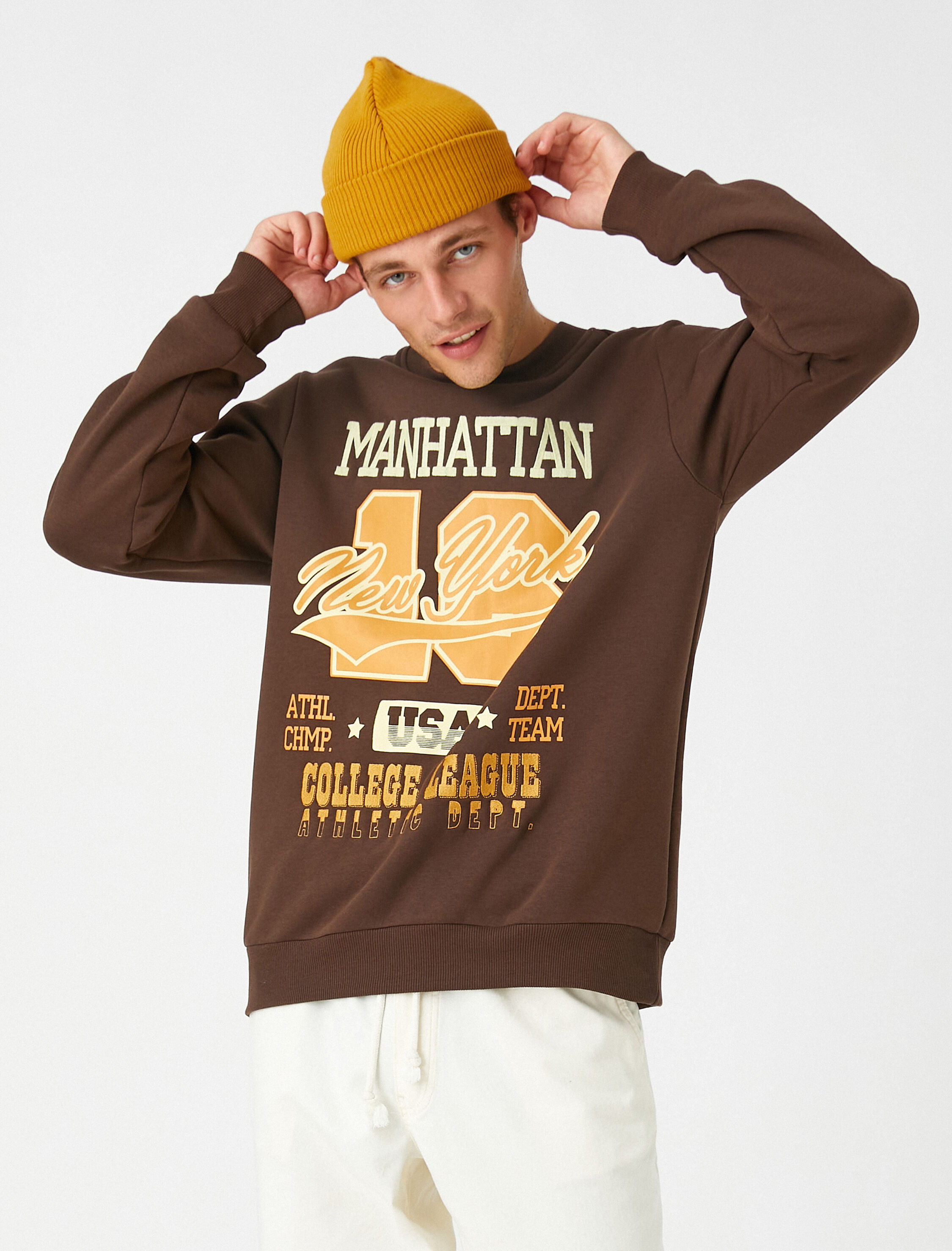   Kolej Baskılı Sweatshirt Şardonlu Bisiklet Yaka