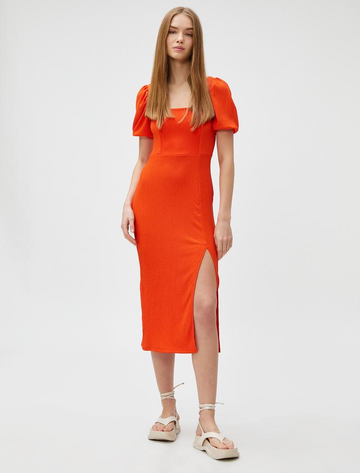  Midi Elbise Balon Kollu Yırtmaçlı Kare Yaka Bürümcük