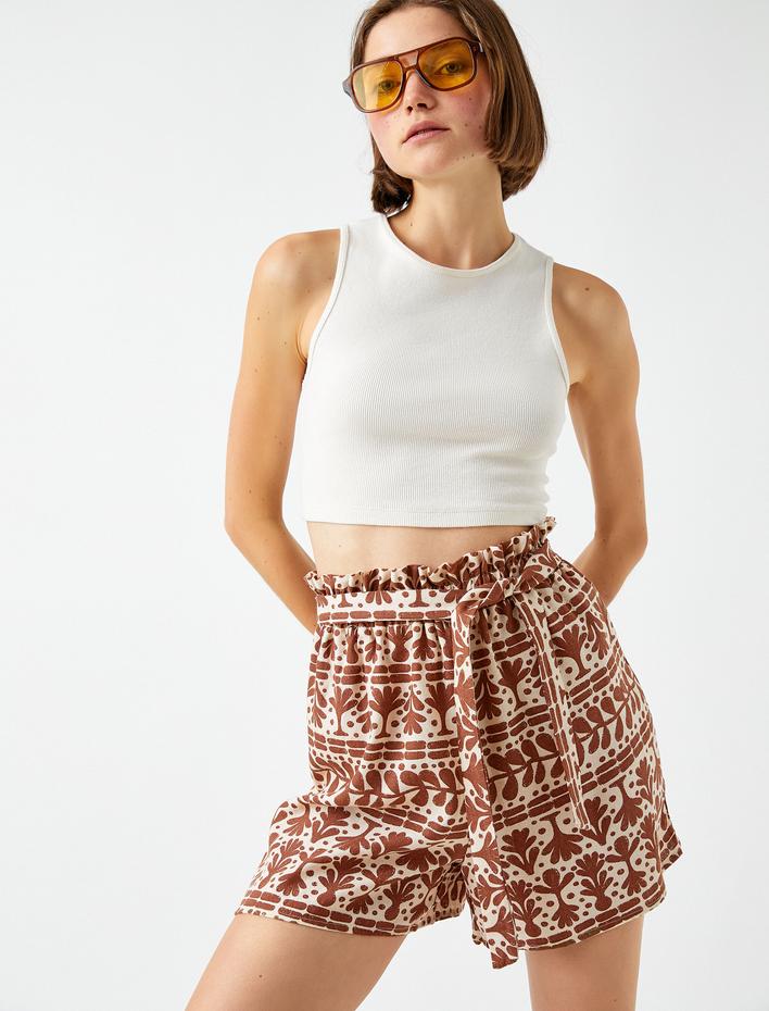  Beli Lastikli Kemerli Şort Keten Karışımlı