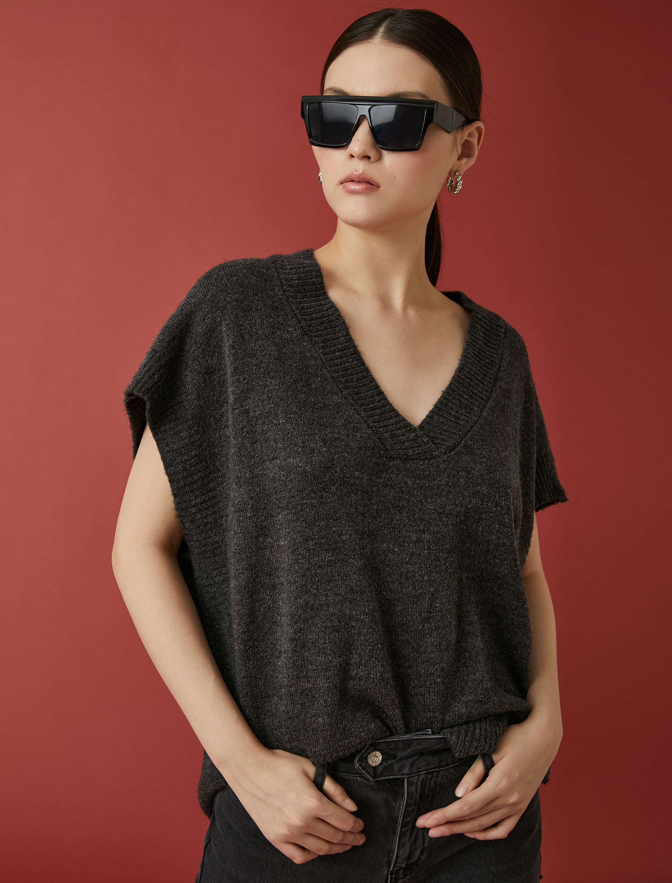   Oversize Süveter V Yaka Kısa Kollu