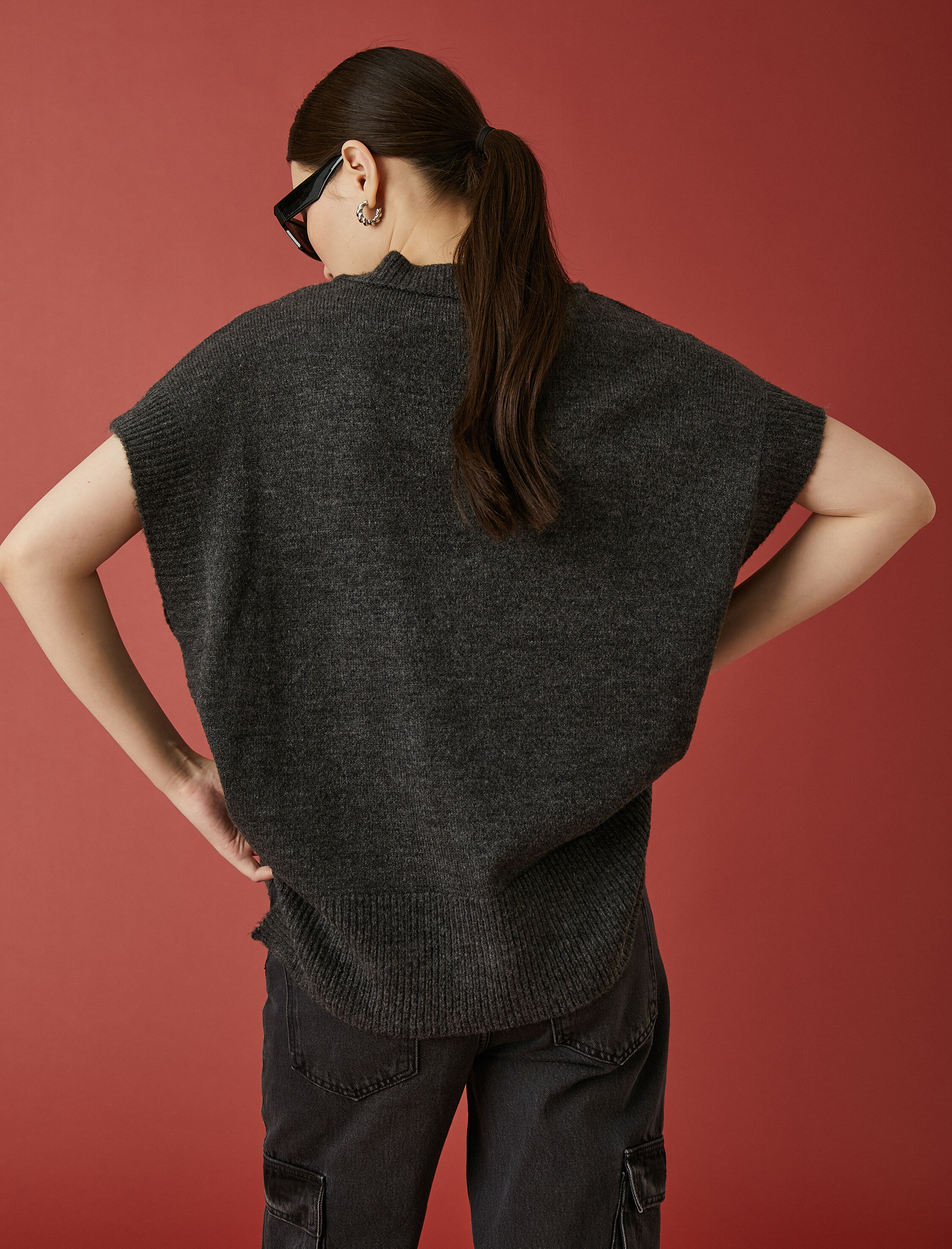   Oversize Süveter V Yaka Kısa Kollu