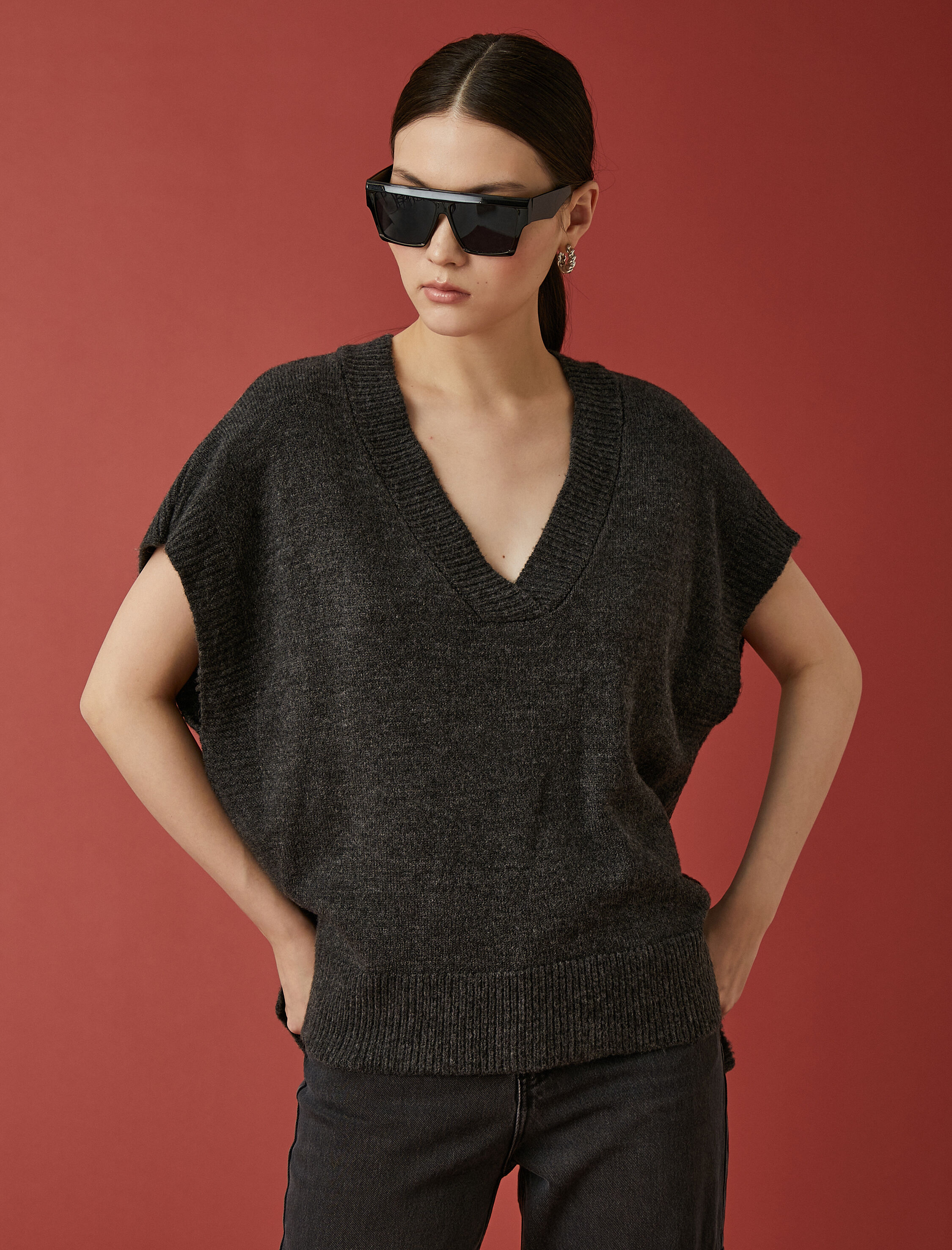   Oversize Süveter V Yaka Kısa Kollu