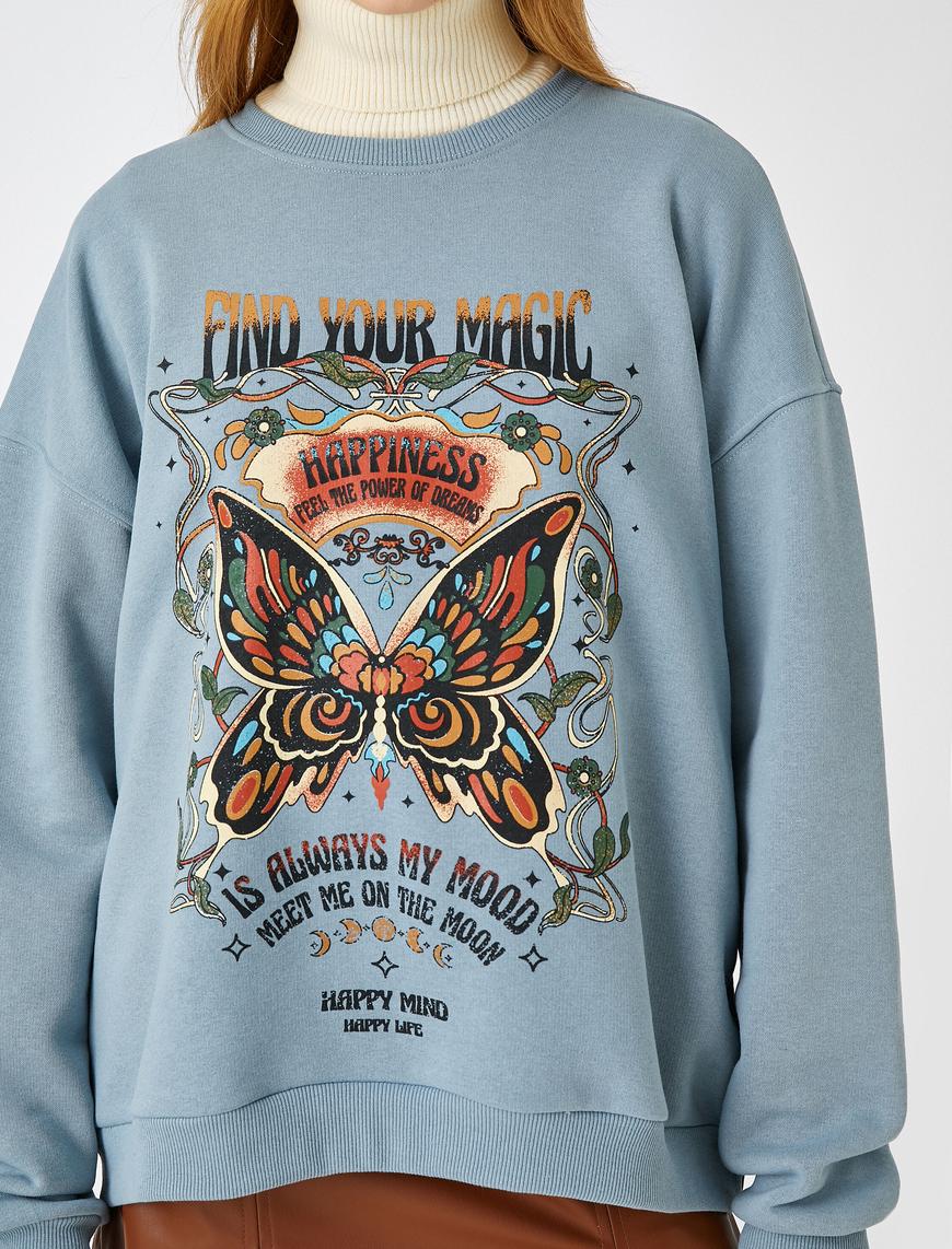   Oversize Sweatshirt Dik Yaka Baskılı İçi Polarlı