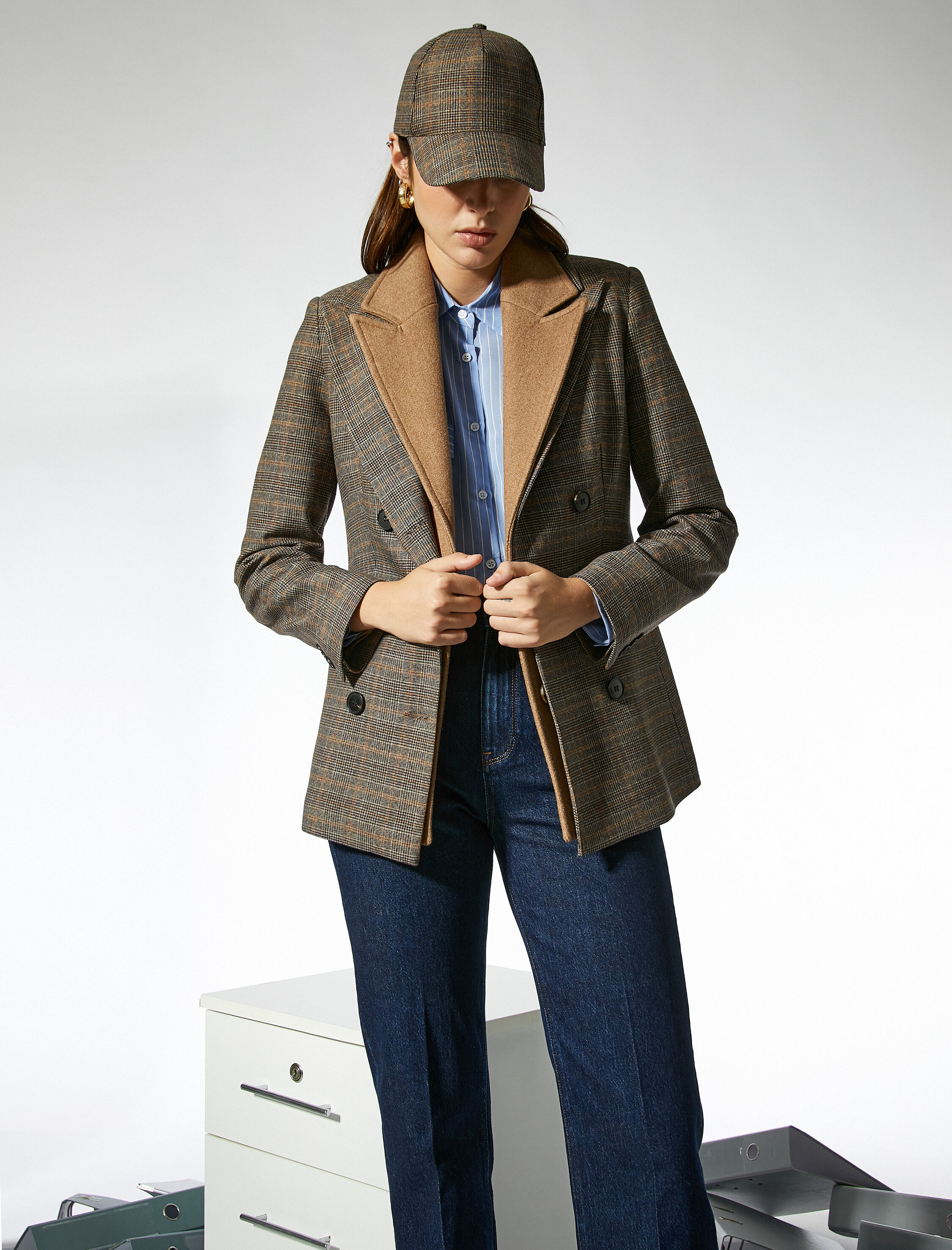   Ekoseli Kruvaze Blazer Ceket