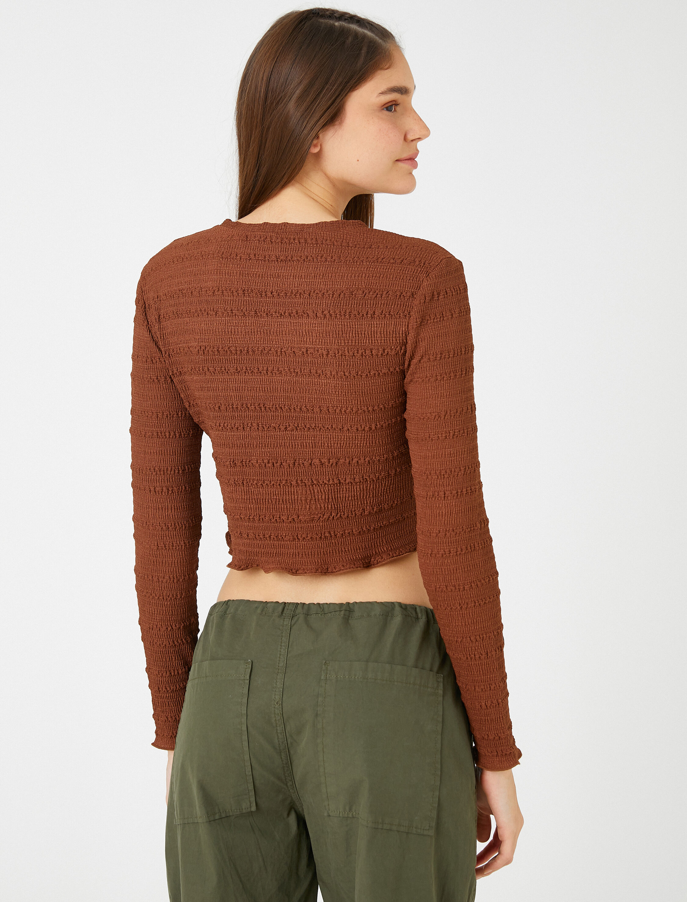   Uzun Kollu Tişört Crop Bisiklet Yaka Dokulu