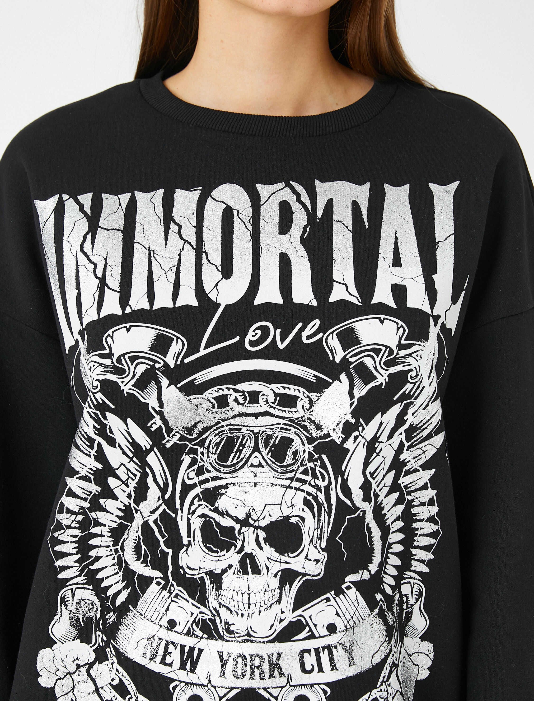   Slogan Baskılı Sweatshirt Uzun Kollu Bisiklet Yaka İçi Polarlı