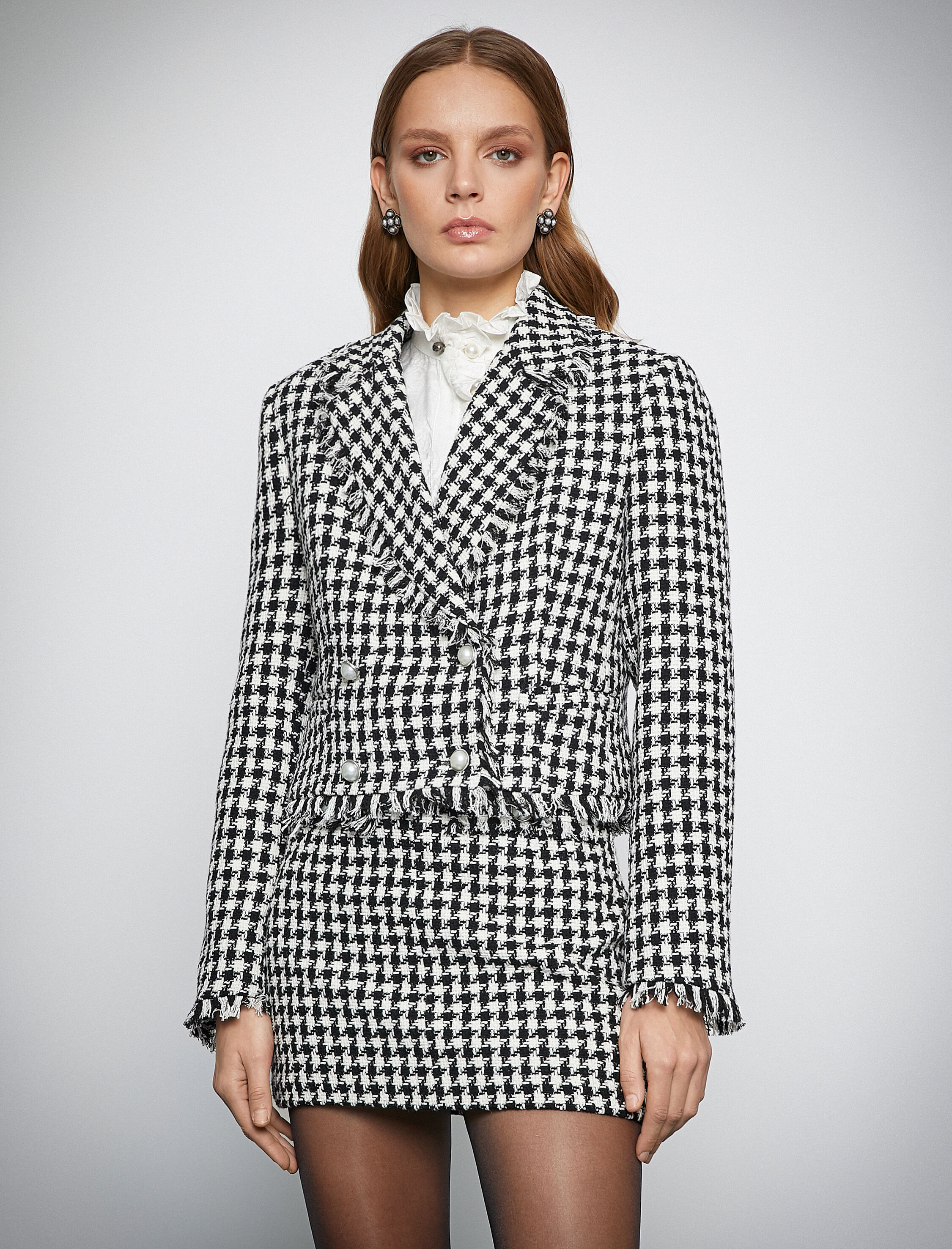   Melis Ağazat X Koton - İnci Düğmeli Kruvaze Tüvit Blazer Ceket