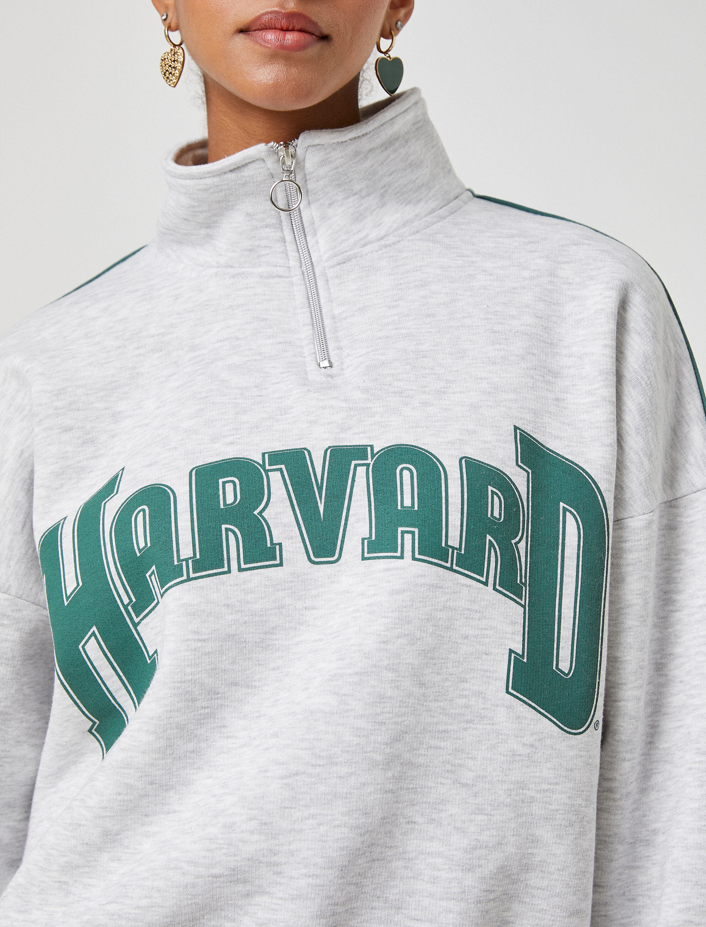   Şardonlu Oversize Sweatshirt Harvard Lisanslı Dik Yaka Fermuarlı