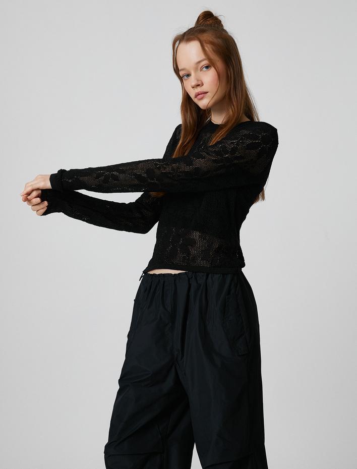  Ajurlu Kazak Uzun Kollu Viskon Bisiklet Yaka Çiçekli