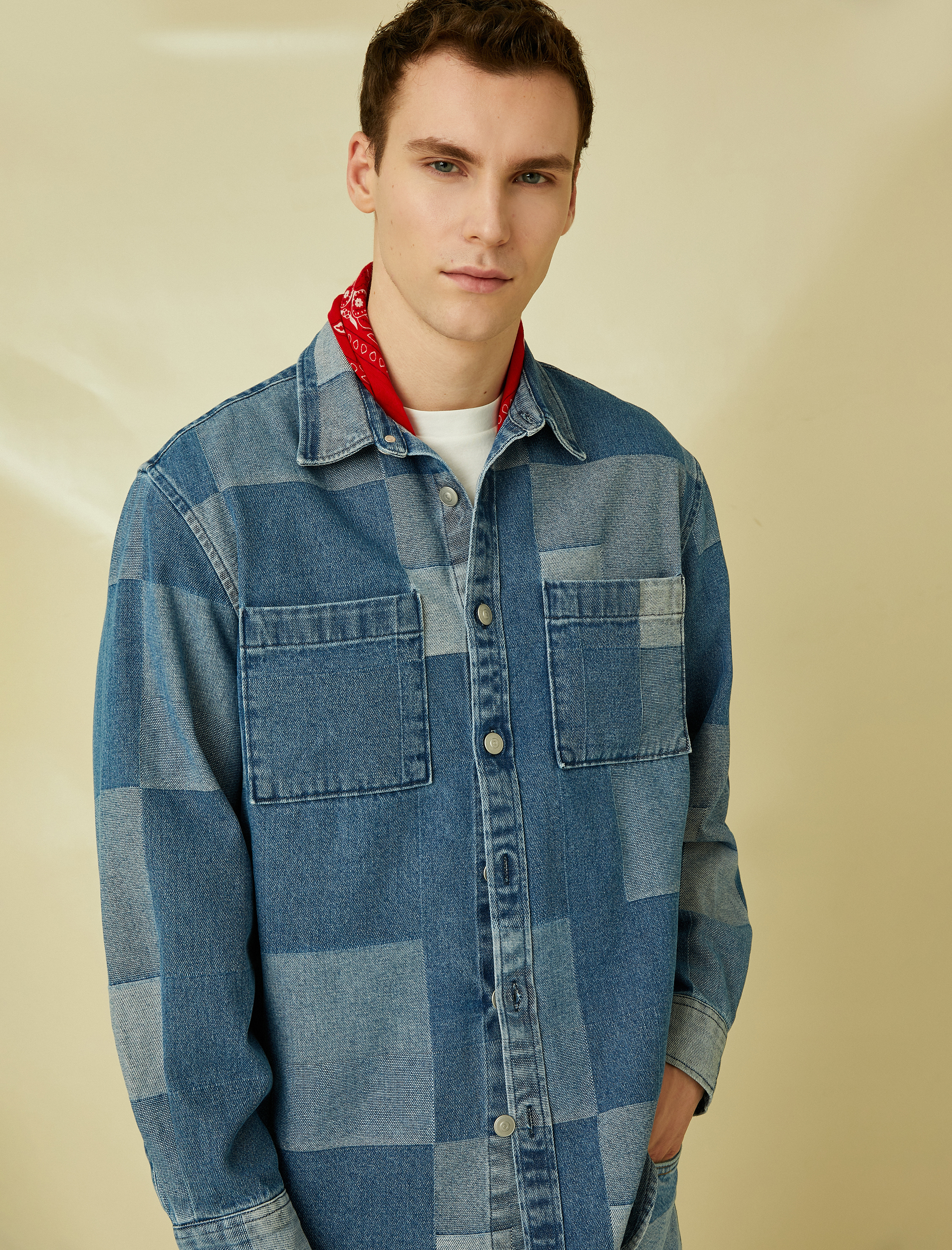   Kareli Kot Ceket Cep Detaylı Düğmeli Renk Bloklu