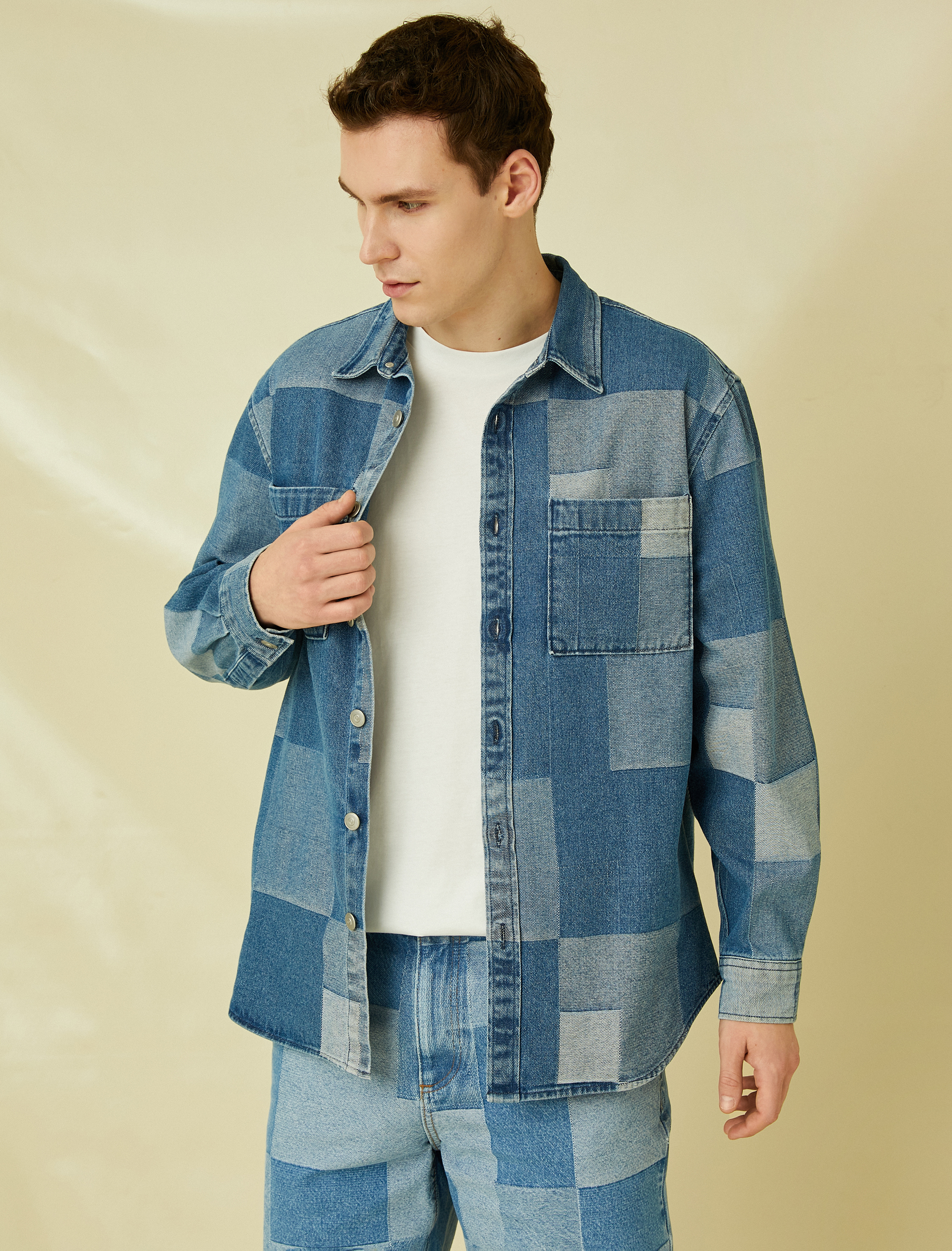   Kareli Kot Ceket Cep Detaylı Düğmeli Renk Bloklu