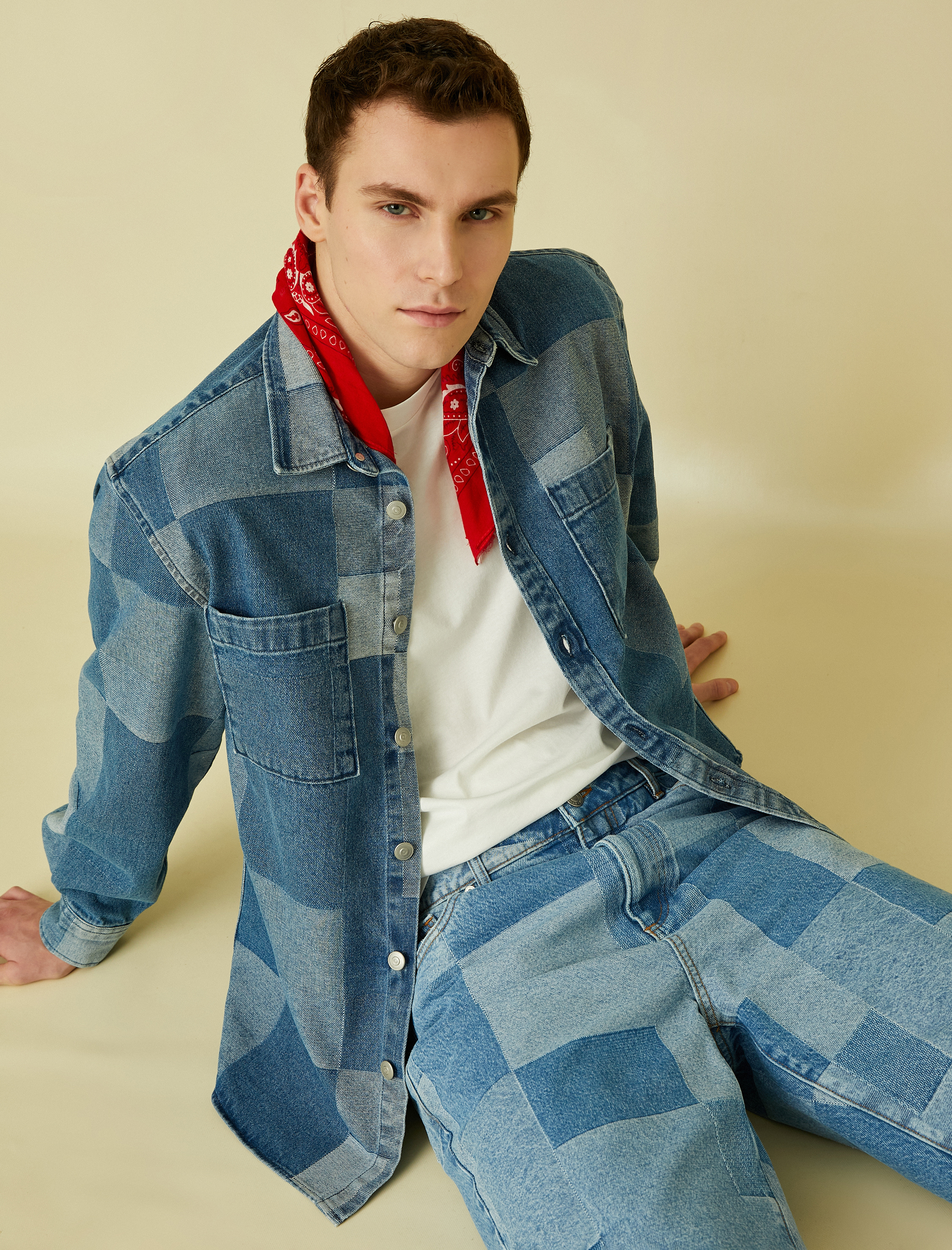   Kareli Kot Ceket Cep Detaylı Düğmeli Renk Bloklu