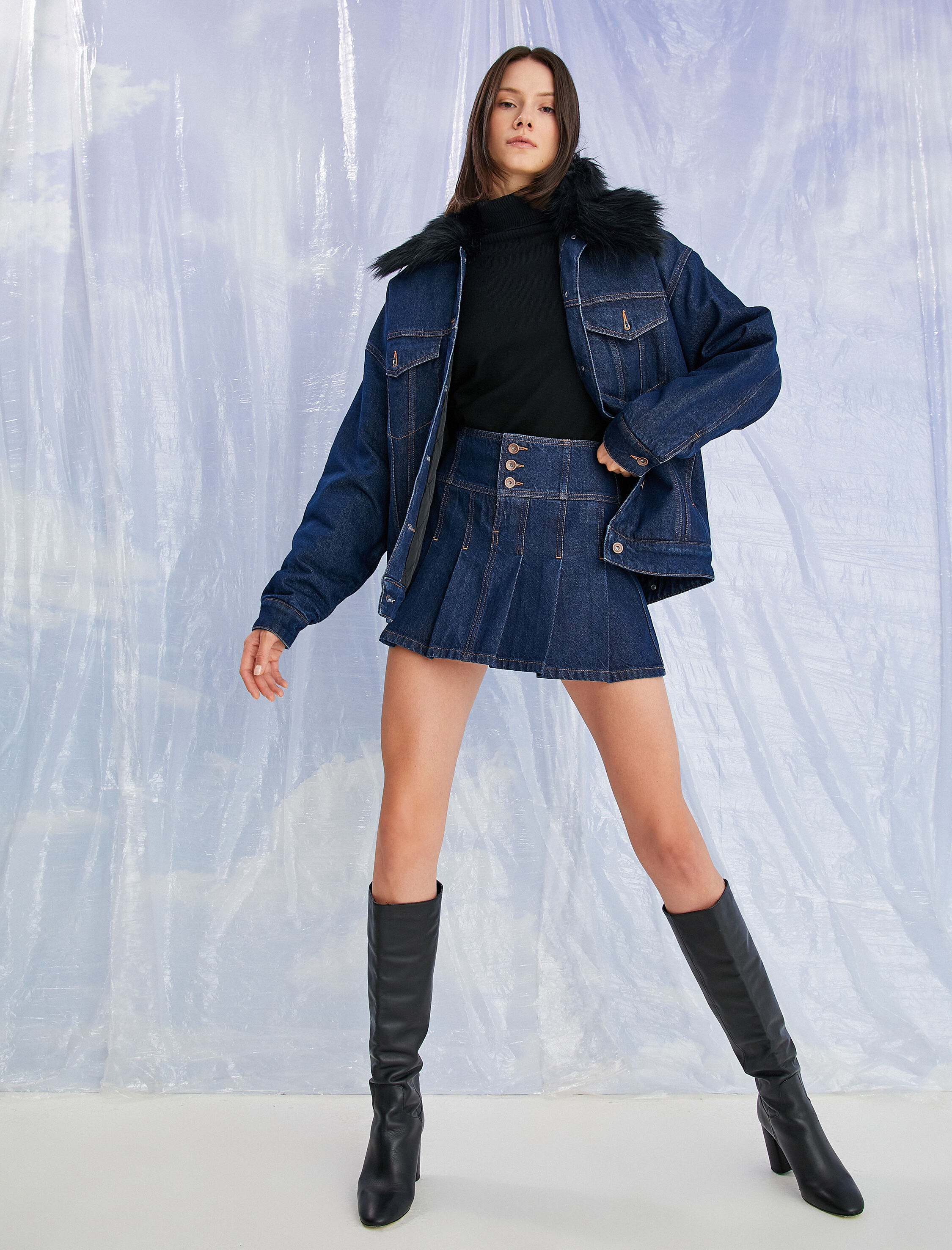   Pileli Mini Kot Etek