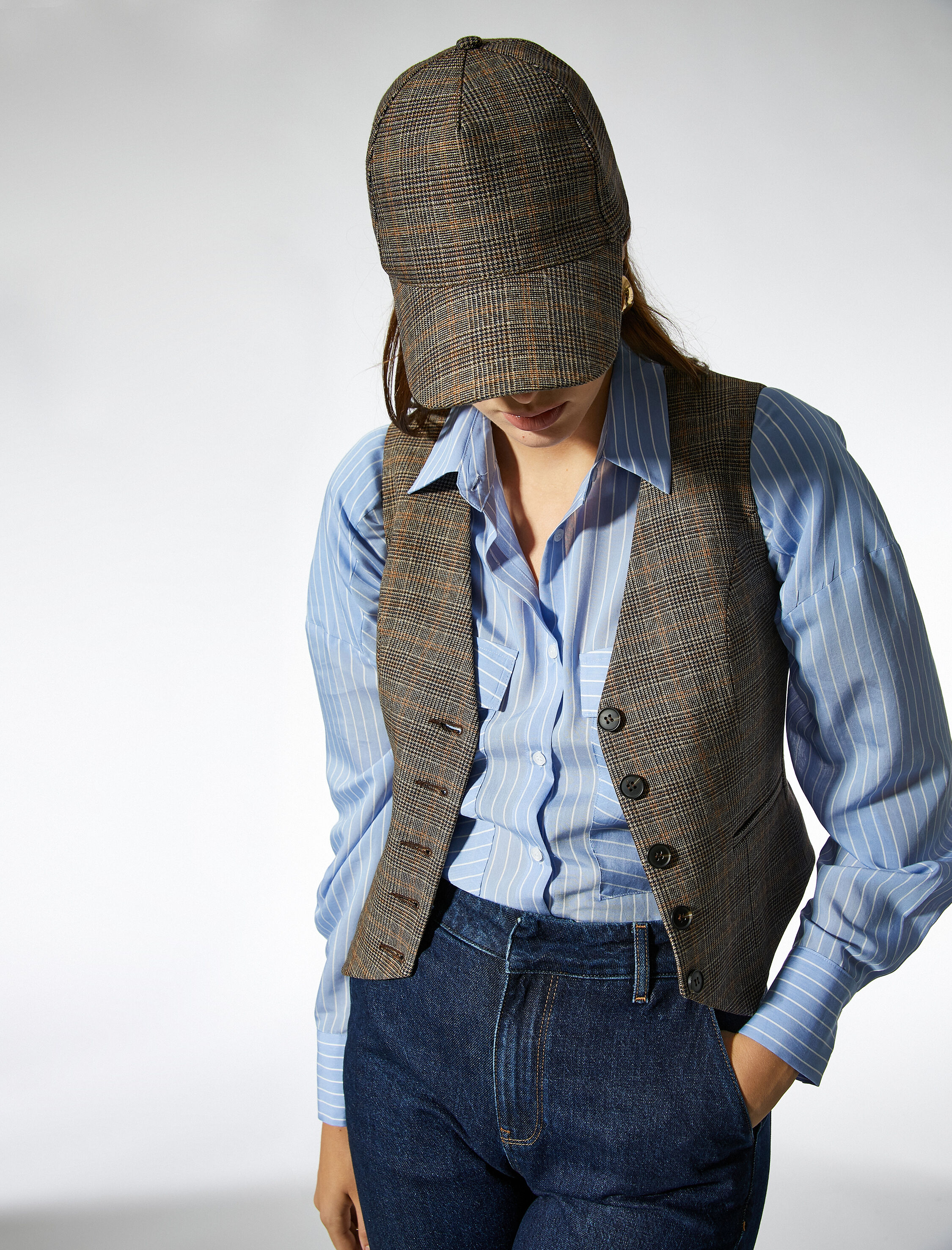   Ekoseli Düğmeli Crop Yelek