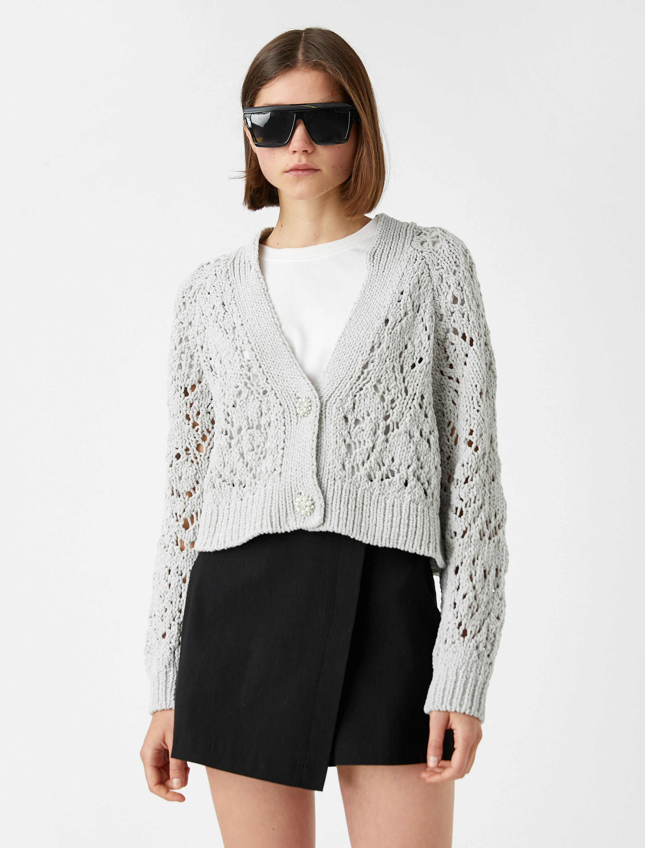   Crop Hırka Ajurlu İnci Düğme Detaylı Uzun Kollu