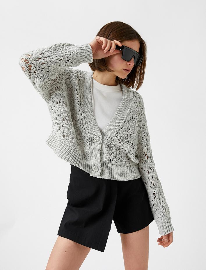  Crop Hırka Ajurlu İnci Düğme Detaylı Uzun Kollu