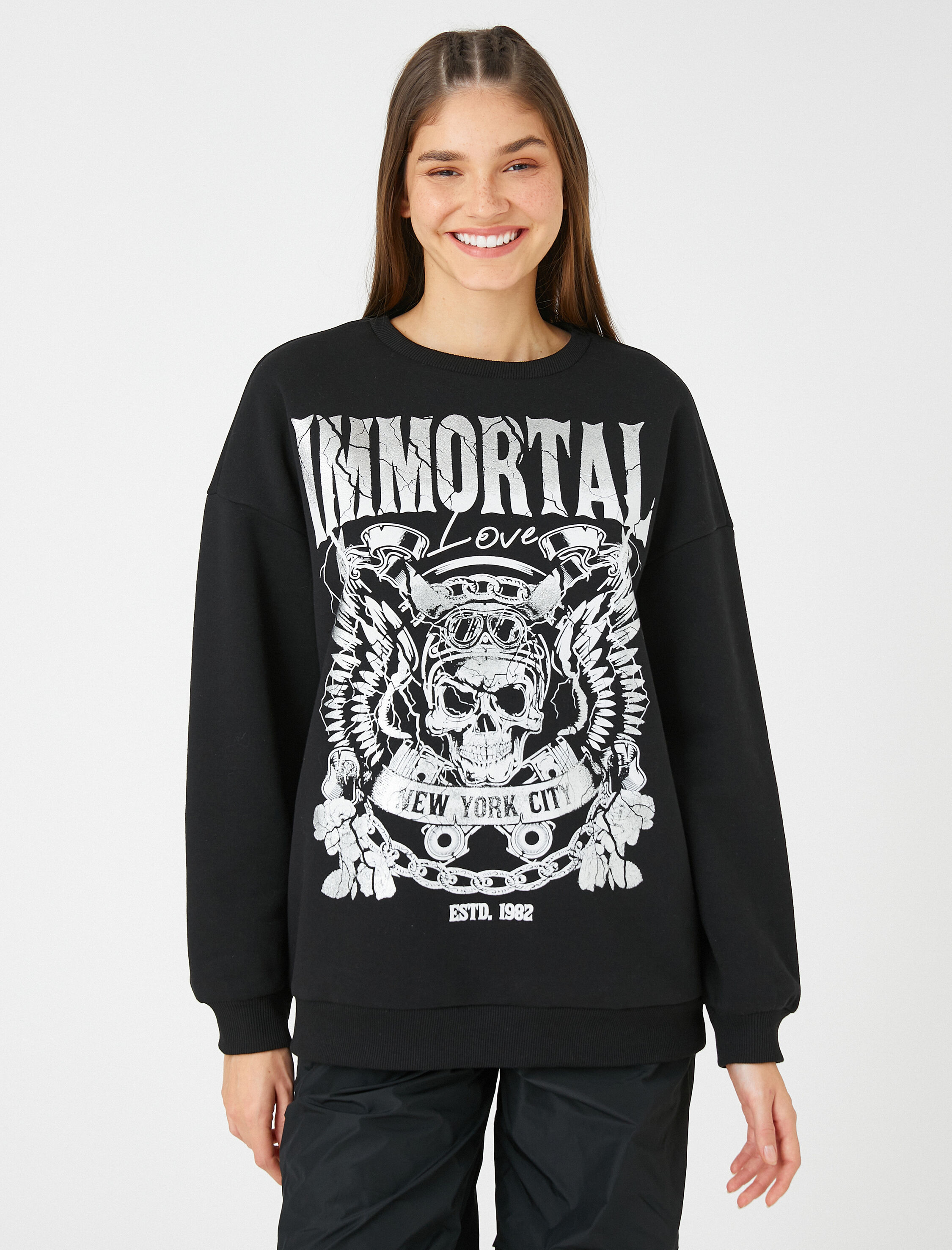   Slogan Baskılı Sweatshirt Uzun Kollu Bisiklet Yaka İçi Polarlı