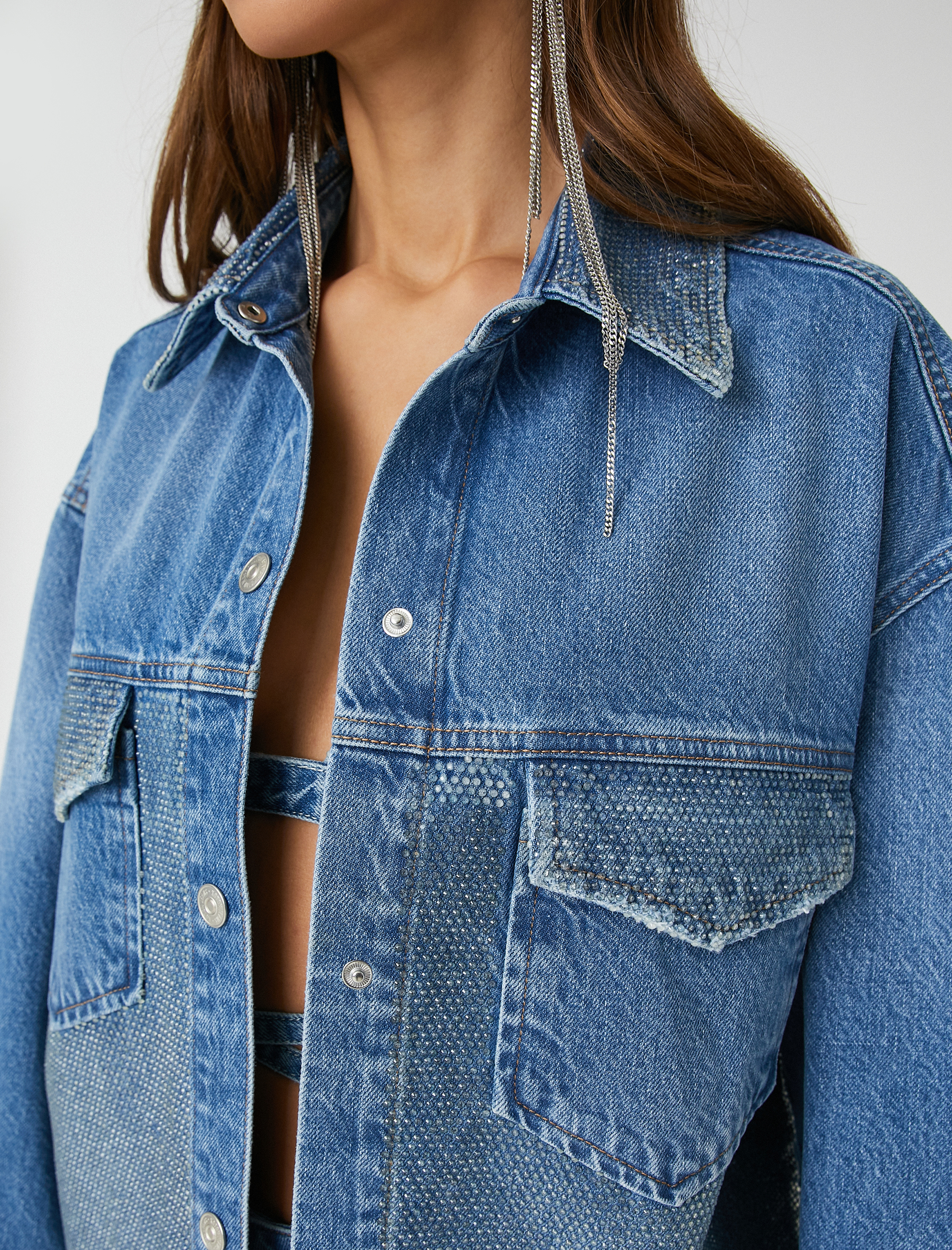   Kot Ceket Parlak Taşlı Cep Detaylı