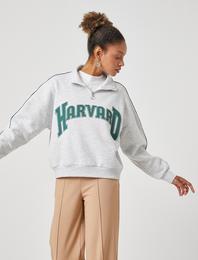 Oversize Sweatshirt Harvard Lisanslı Dik Yaka Fermuarlı